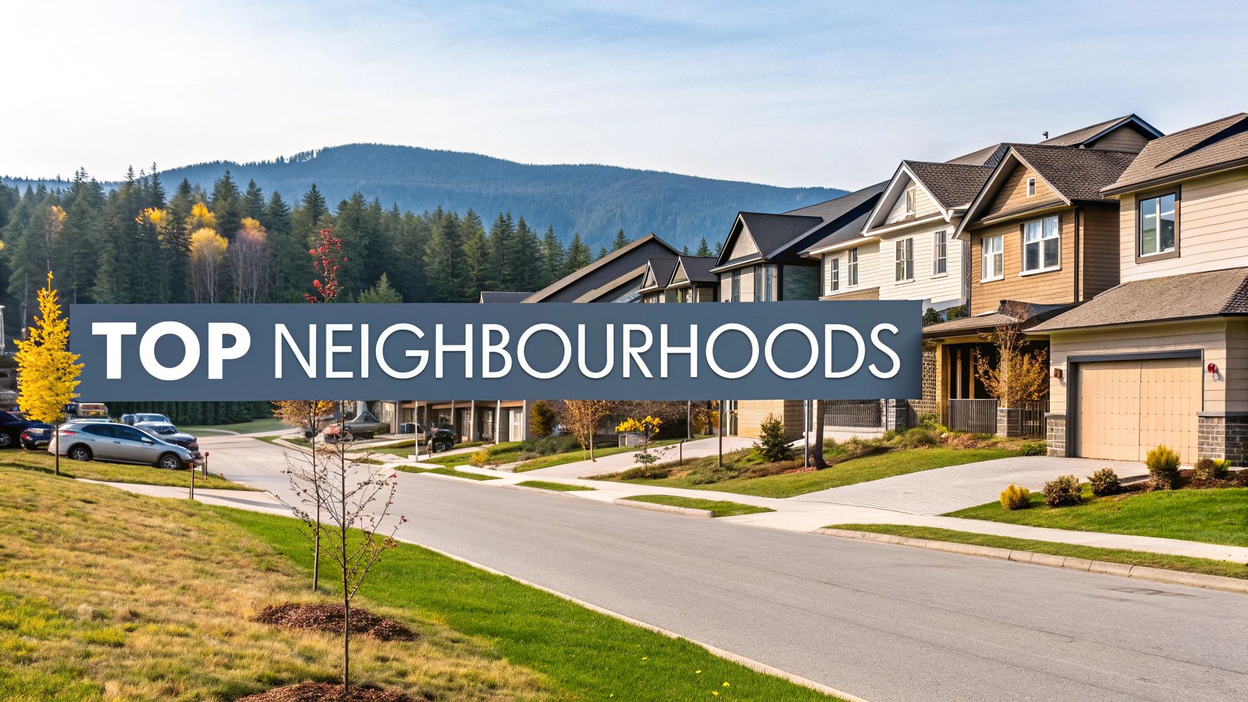 A scenic street of modern suburban houses, nestled against a backdrop of mountains and forests, with a 'TOP NEIGHBOURHOODS' banner.