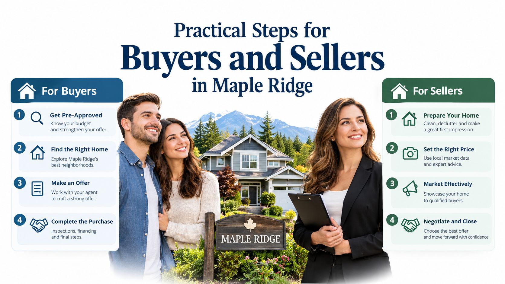 A professional infographic outlining four practical steps for buying or selling a home in Maple Ridge.