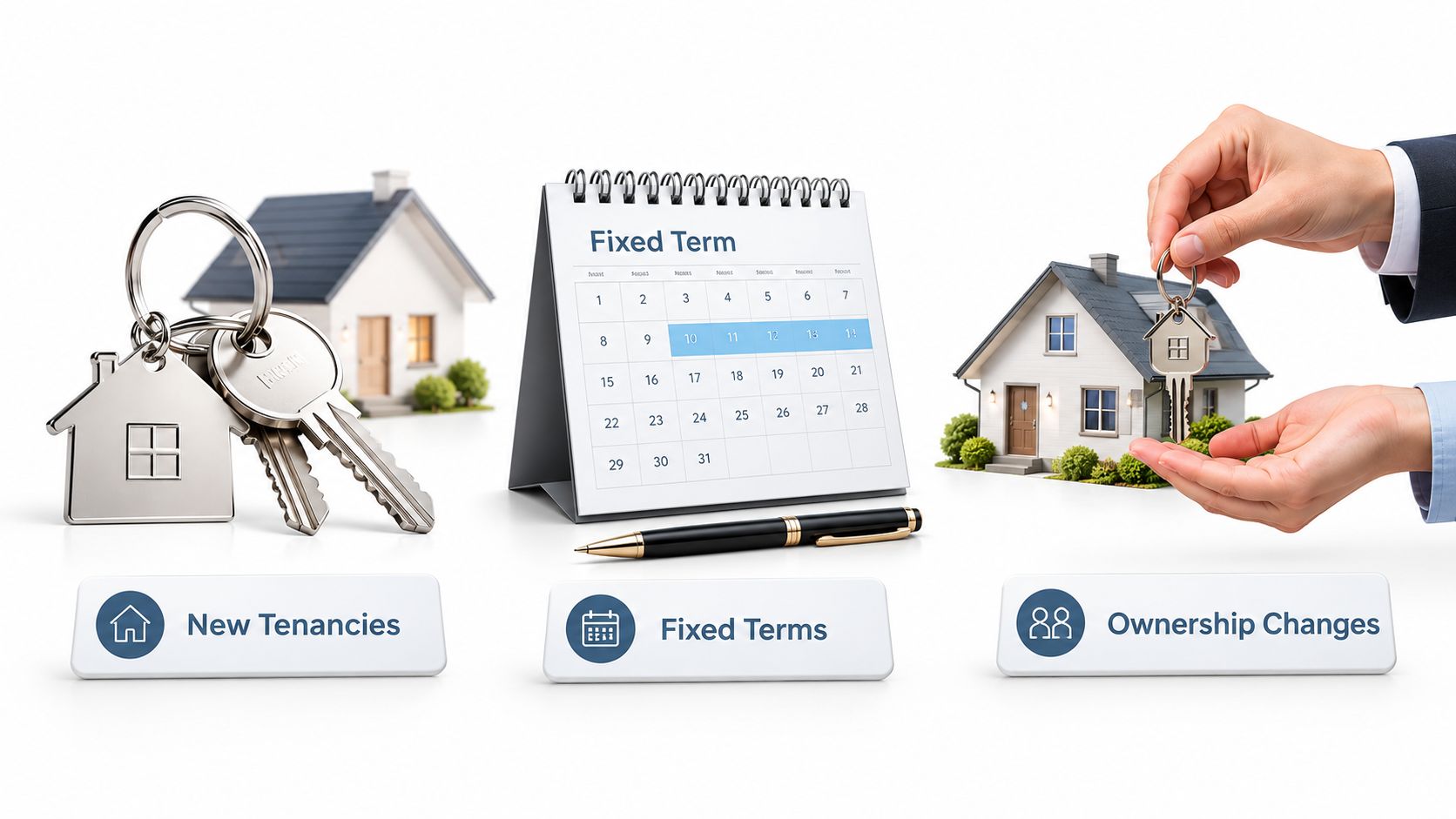 A visual representation of property management concepts including new tenancies, fixed terms, and ownership changes for real estate.