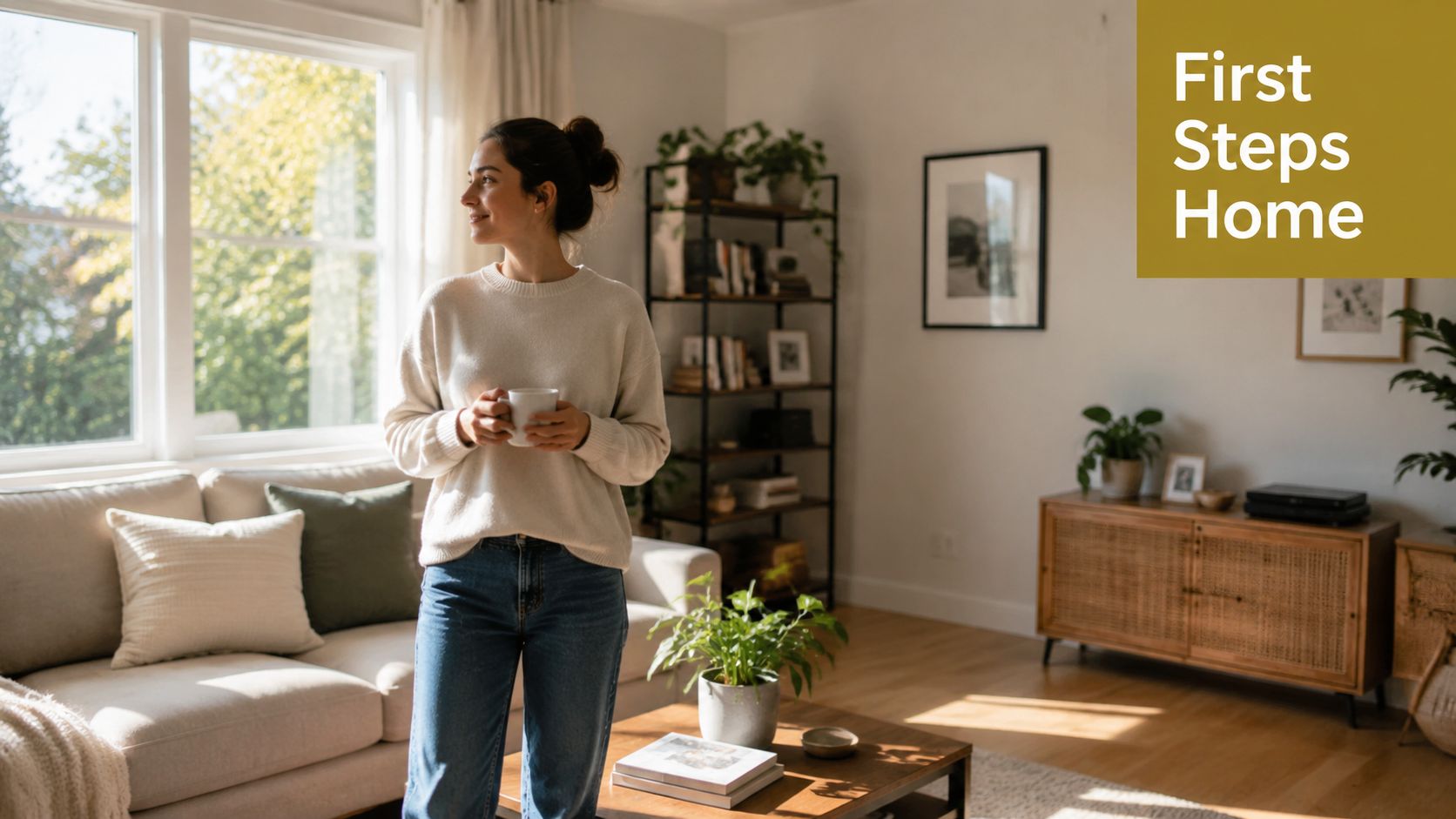 A woman stands in a sunlit, modern living room holding a mug while looking out the window.