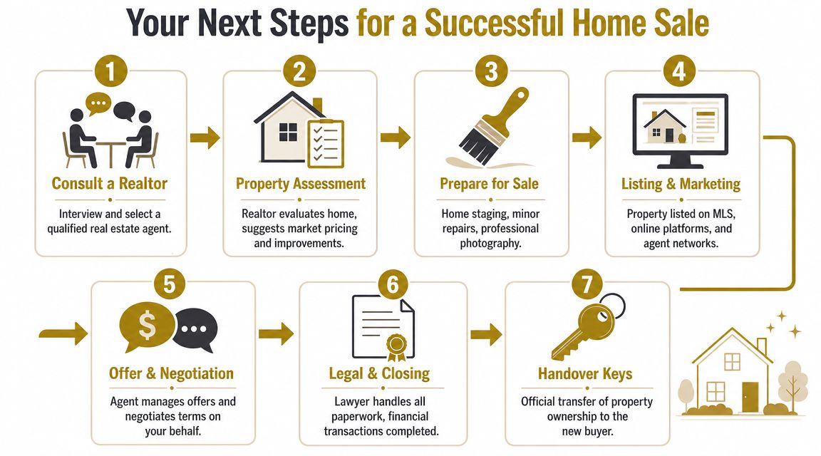 An infographic illustrating the seven key steps for successfully selling a residential home with a realtor.