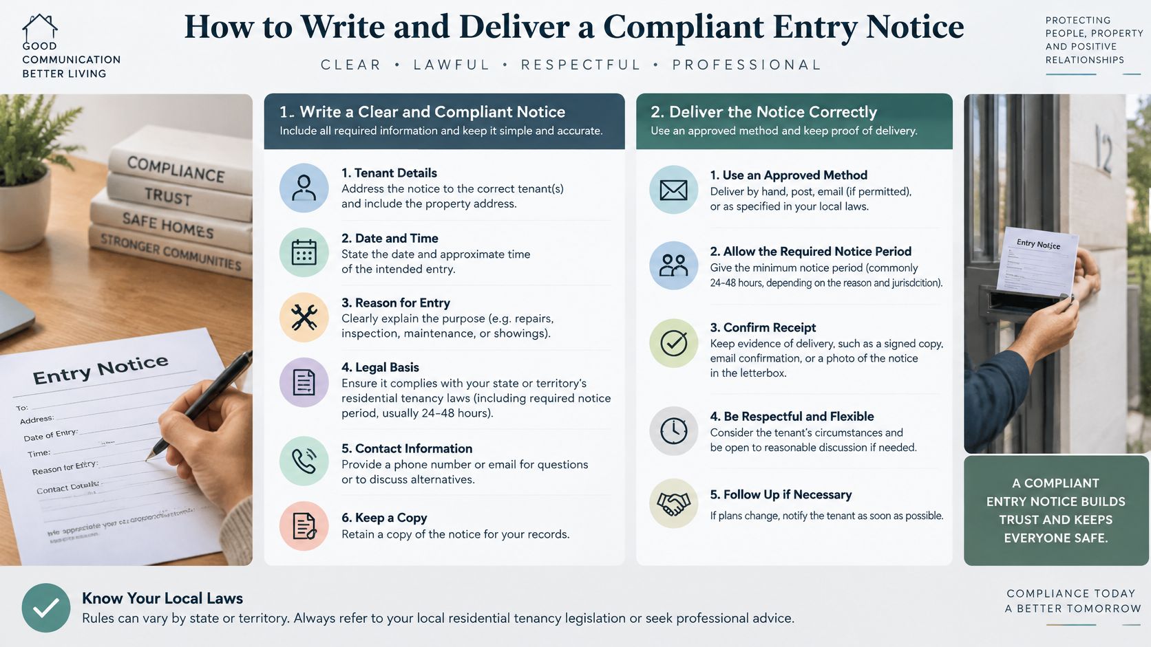 An informative infographic detailing how to write and deliver a legally compliant property entry notice to tenants.