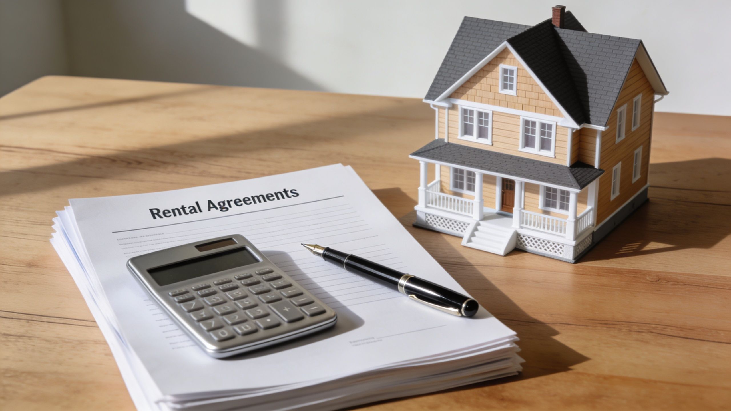 A house model, calculator, and black pen sitting on top of a stack of rental agreements.