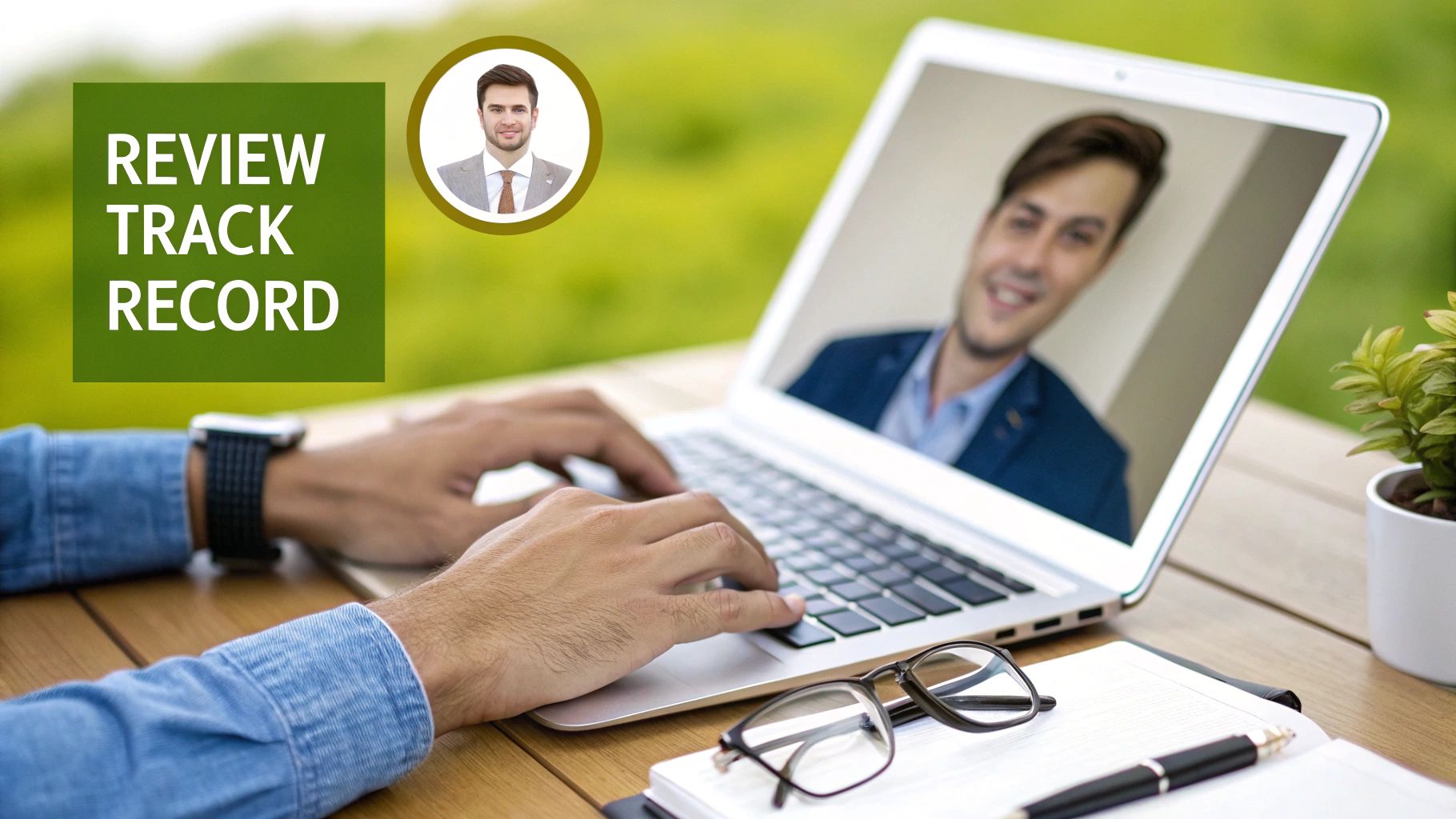 A professional real estate agent reviewing documents at a modern desk with a laptop.
