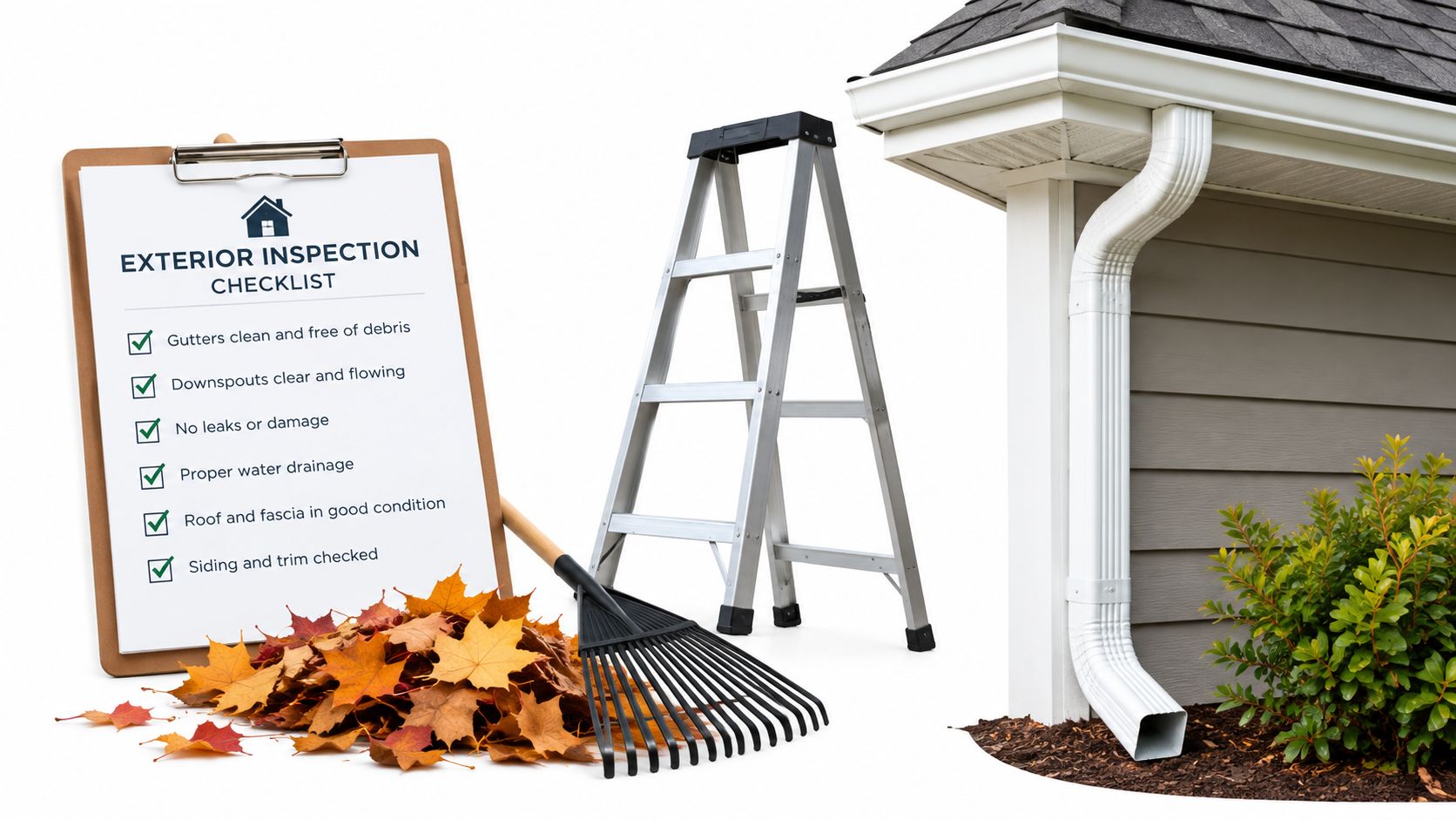 A checklist clipboard, ladder, and rake beside a house gutter, highlighting essential home maintenance tasks.