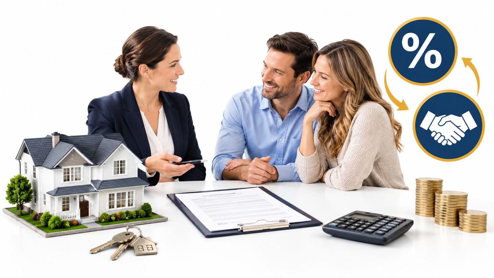 A professional real estate agent discusses home sale documents with a smiling couple at an office desk.