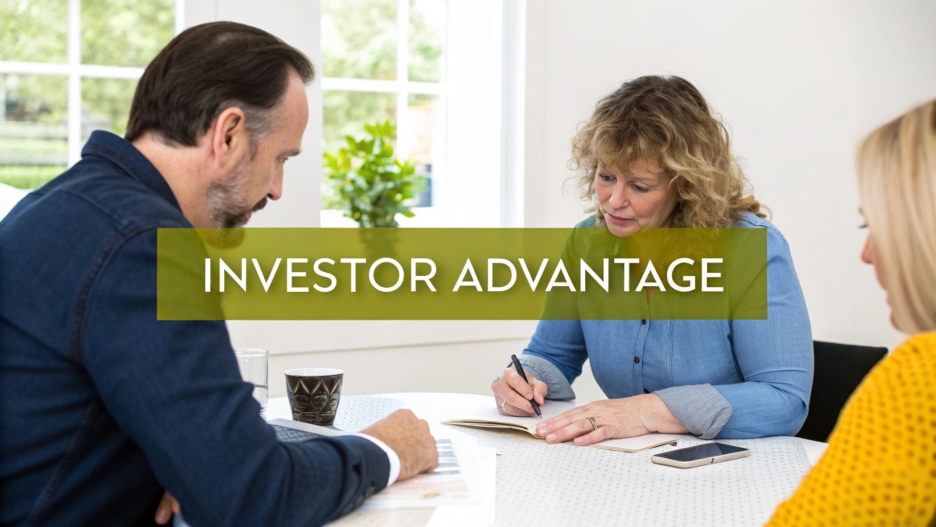 Three people, including a man and two women, discussing financial matters, with 'INVESTOR ADVANTAGE' text overlay.