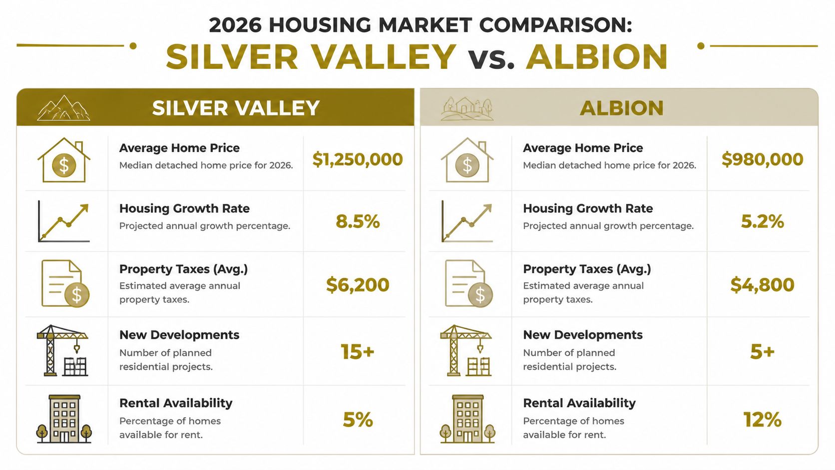 A comparison table for 2026 housing markets in Silver Valley and Albion including home prices and growth.