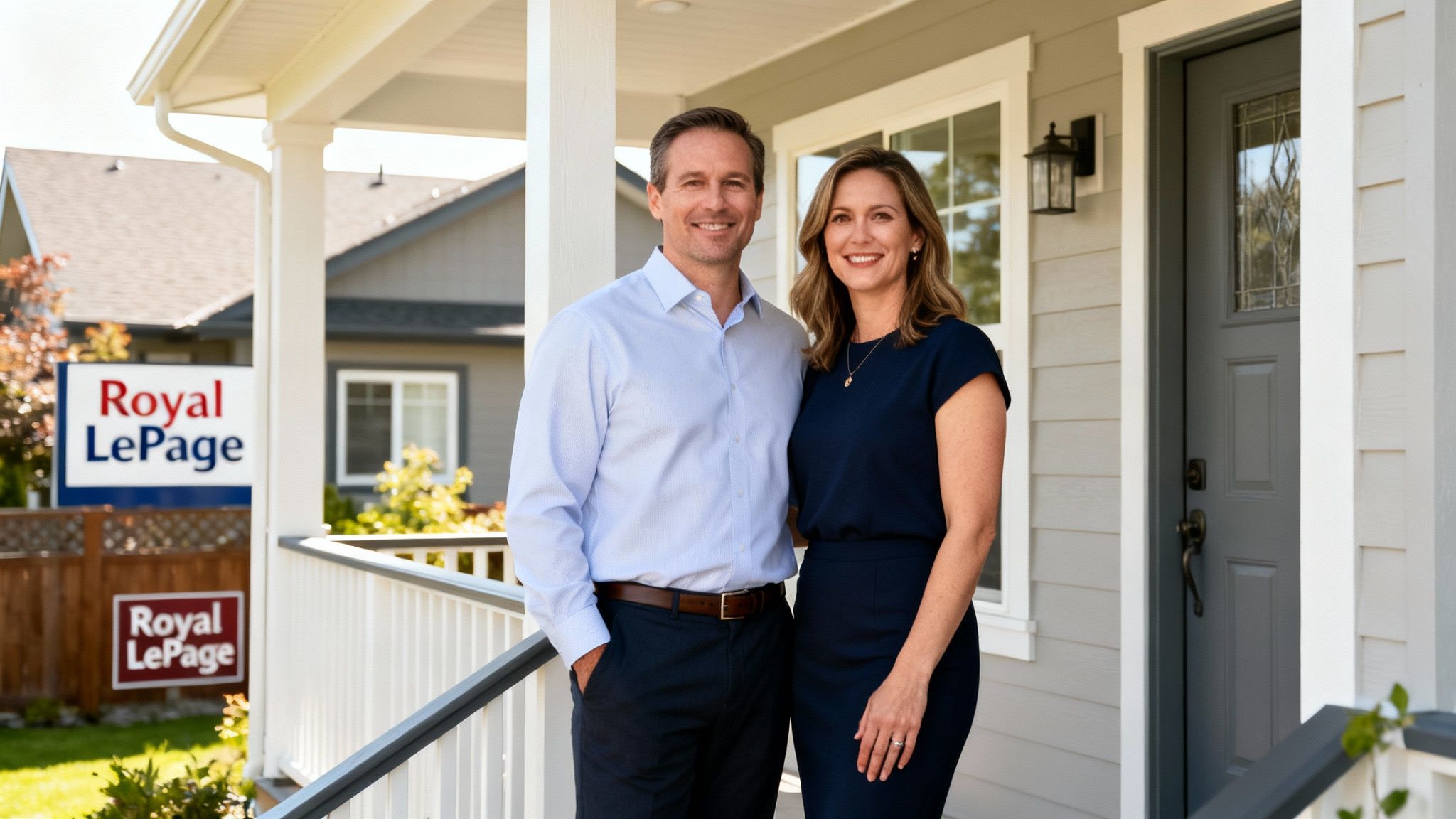 Smiling real estate agents, a man and woman, stand on a house porch with Royal LePage signs.