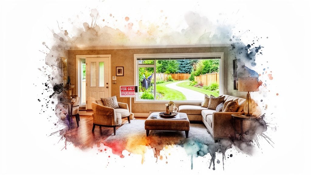 A watercolor image showing a comfortable living room with a for sale sign and garden view.