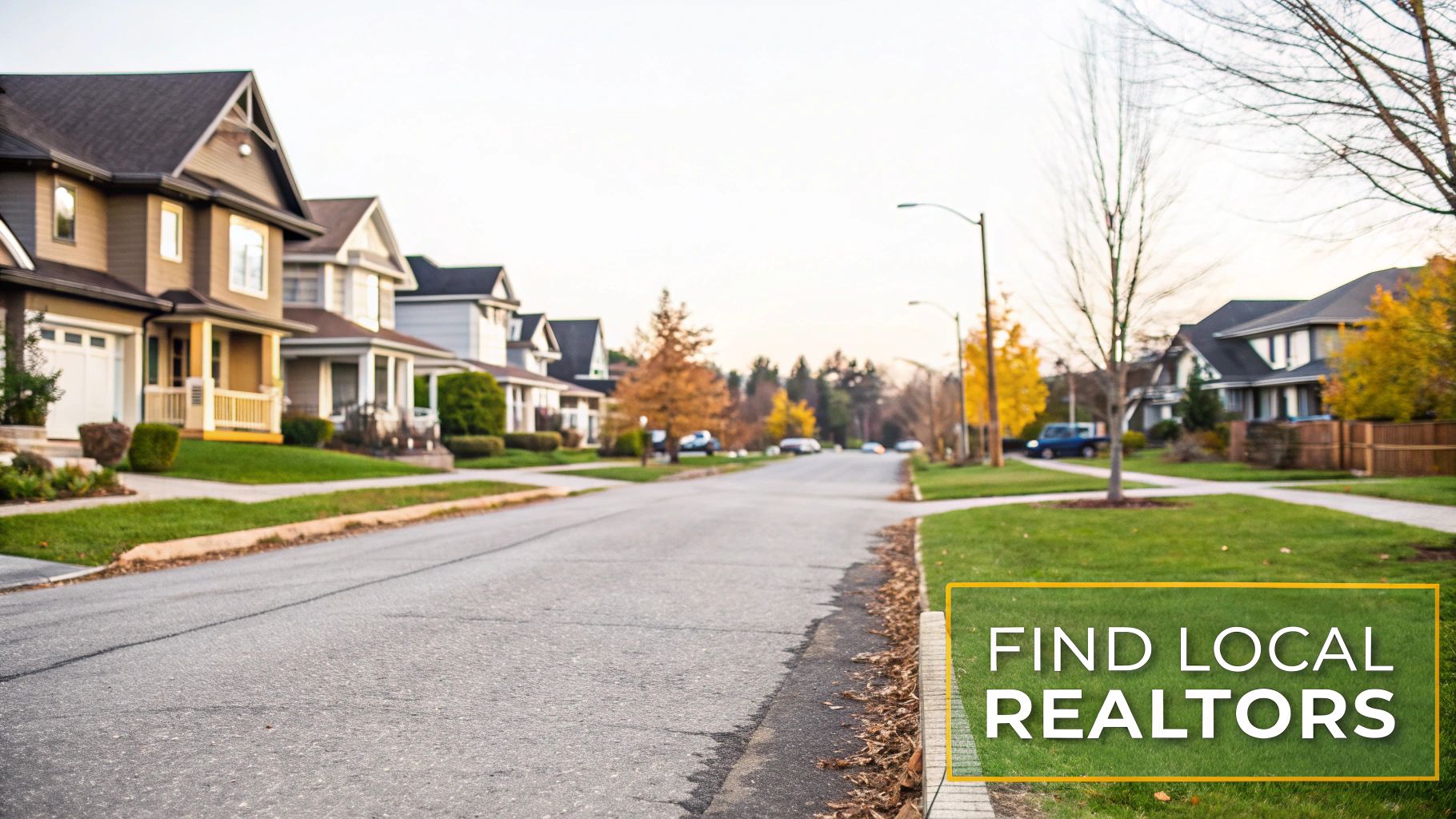 A quiet suburban street with houses, green lawns, and autumn trees under a bright sky, with text 'FIND LOCAL REALTORS'.