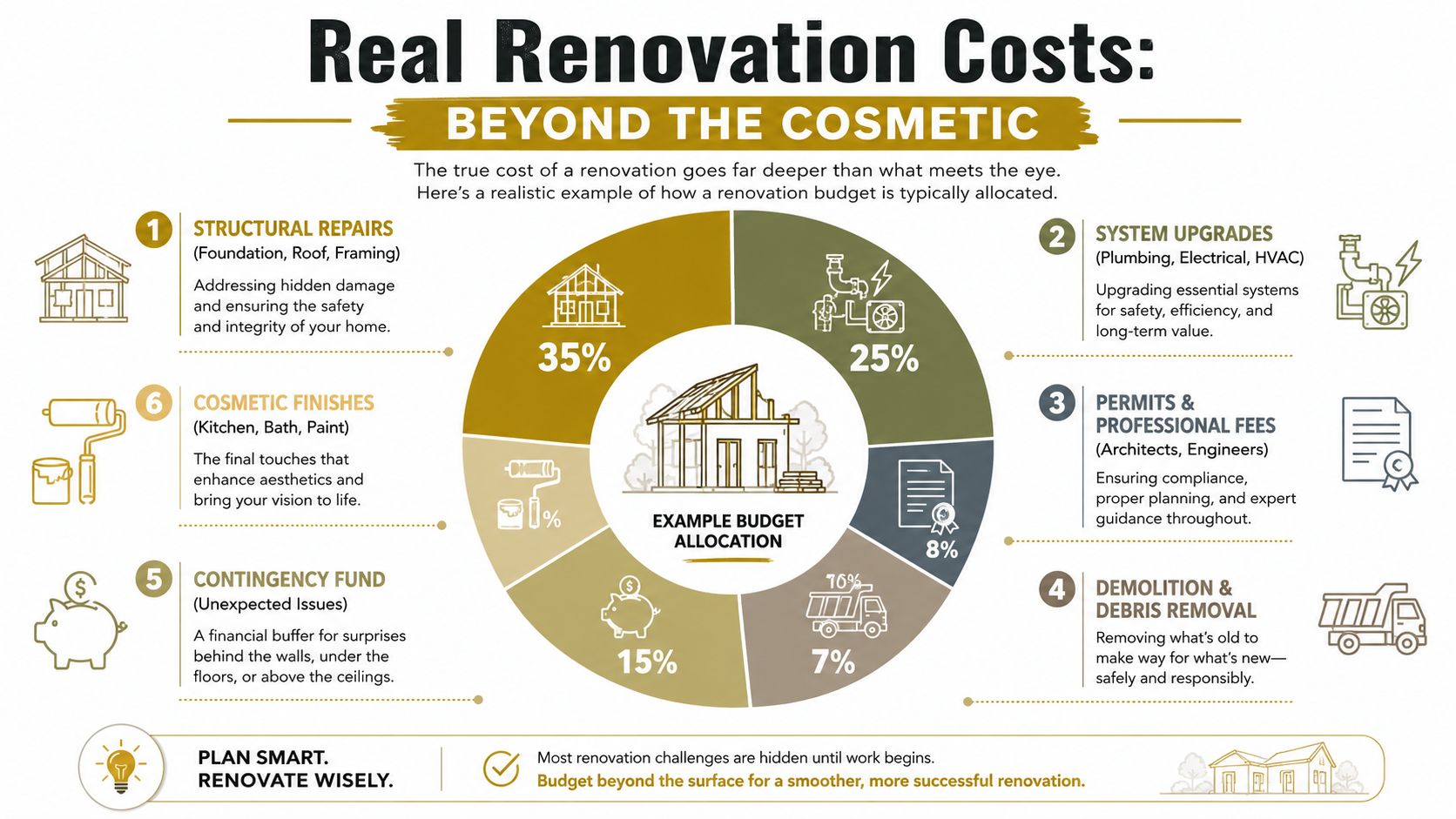 An infographic detailing how to realistically allocate a renovation budget, including structural, systems, and cosmetic costs.