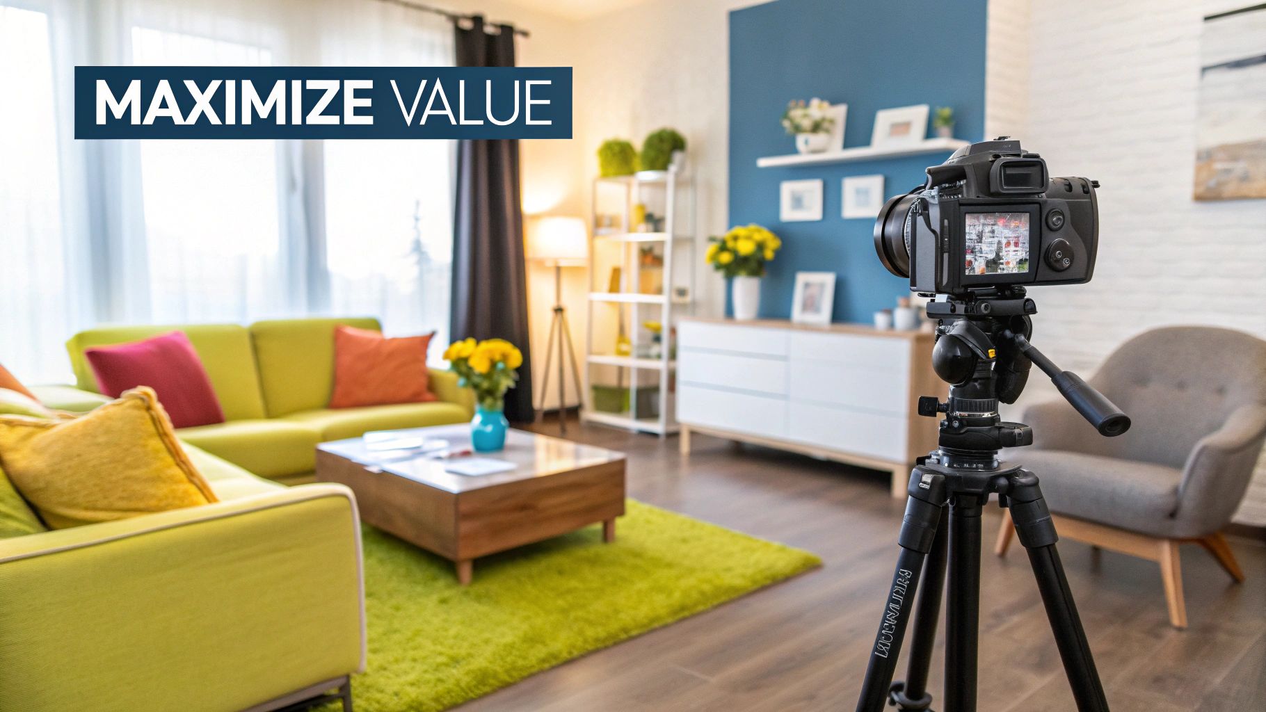 A camera on a tripod capturing a bright, modern living room with a green sofa, optimizing real estate value.