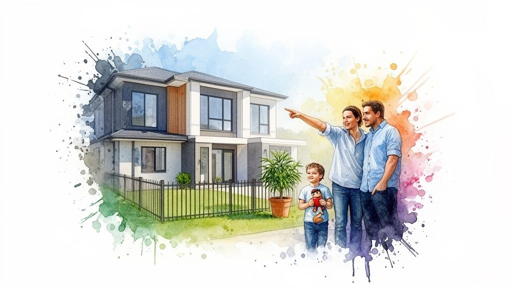 Happy family with a child admiring their modern dream home in a watercolor illustration.