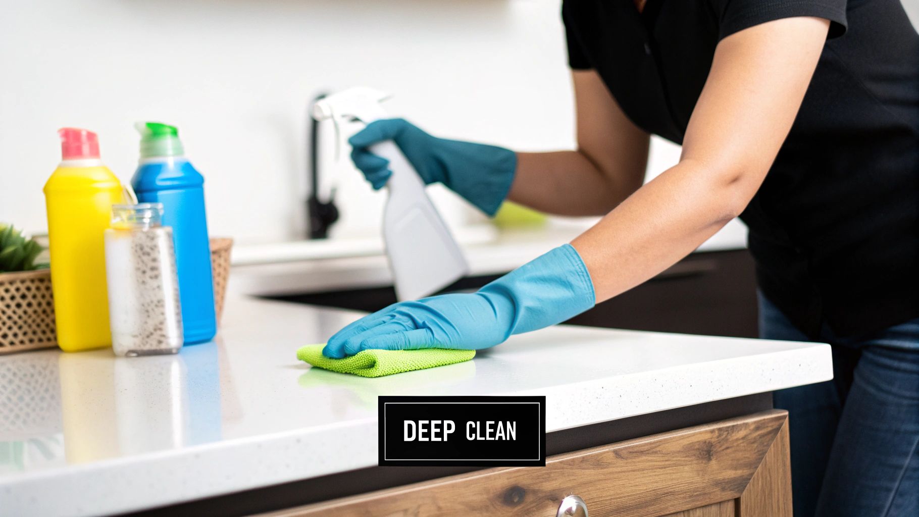 A person in yellow gloves meticulously cleaning a kitchen stovetop, representing a deep clean.