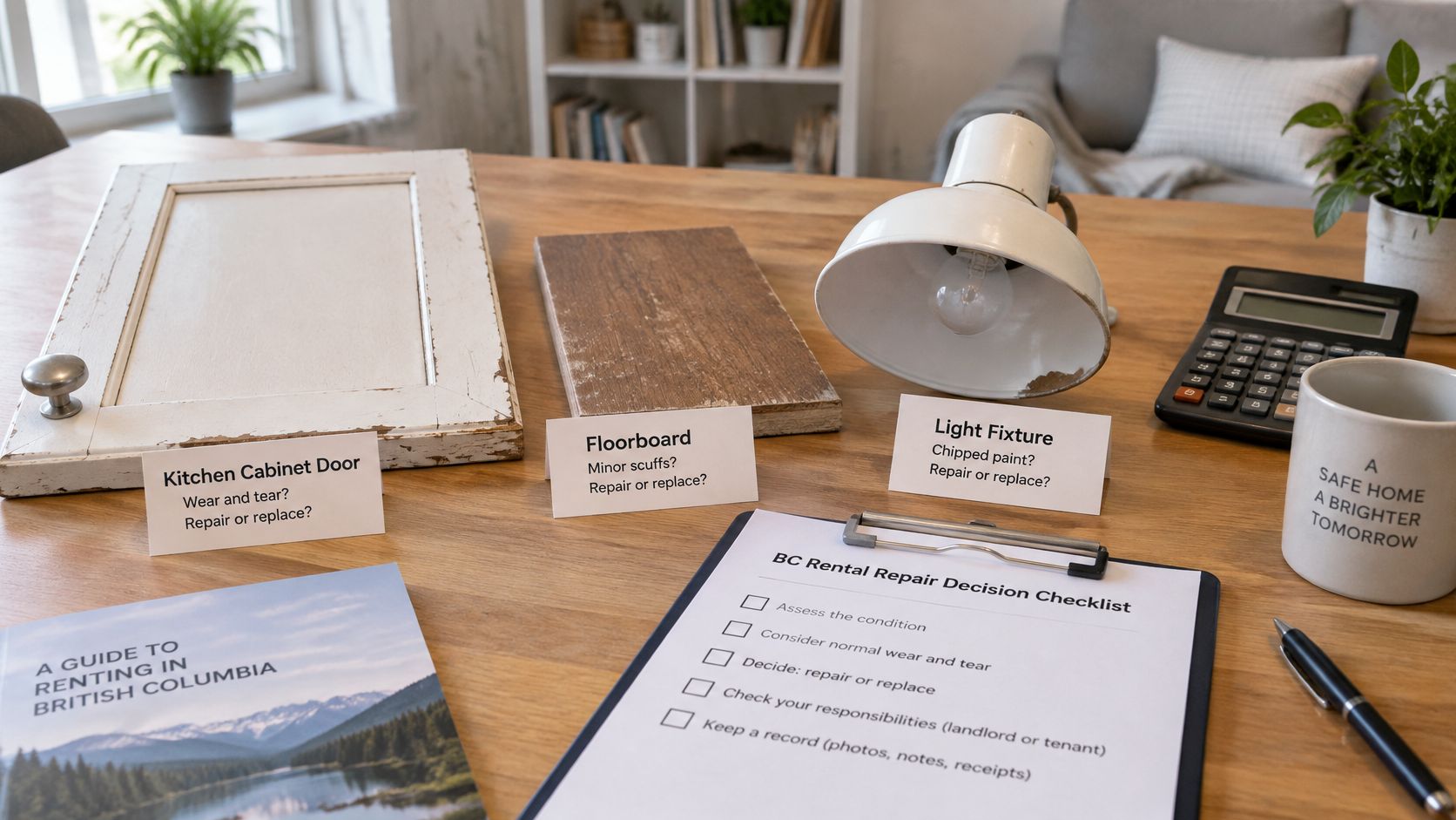 A checklist for rental repairs in British Columbia next to household items like cabinets and flooring.