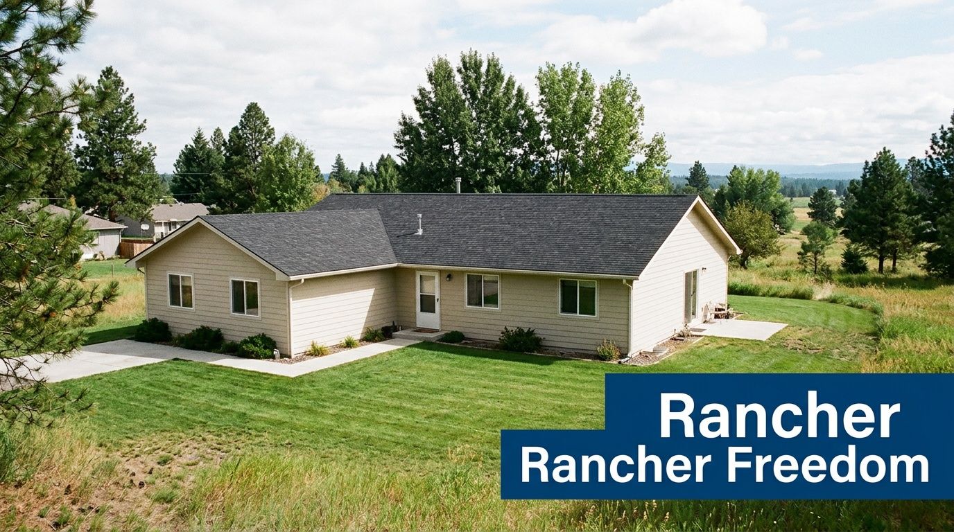 A wide angle view of a single-story ranch-style home surrounded by a grassy lawn and pine trees.
