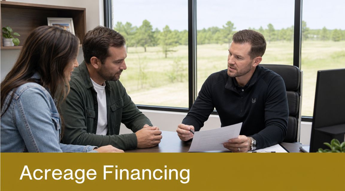A professional financial advisor discussing land loan documents with a young couple in an office setting.