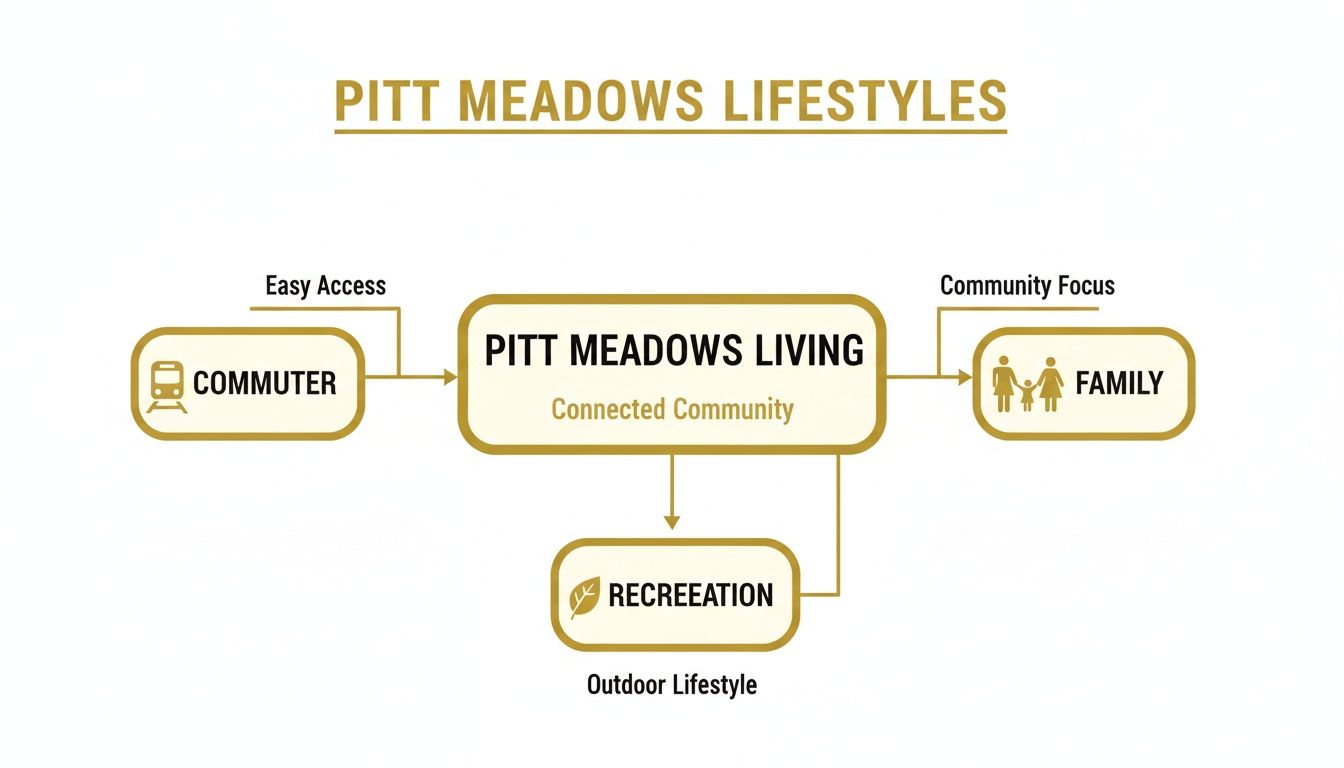 A flowchart illustrating Pitt Meadows Lifestyles, highlighting connected community living for commuters, families, and recreation.