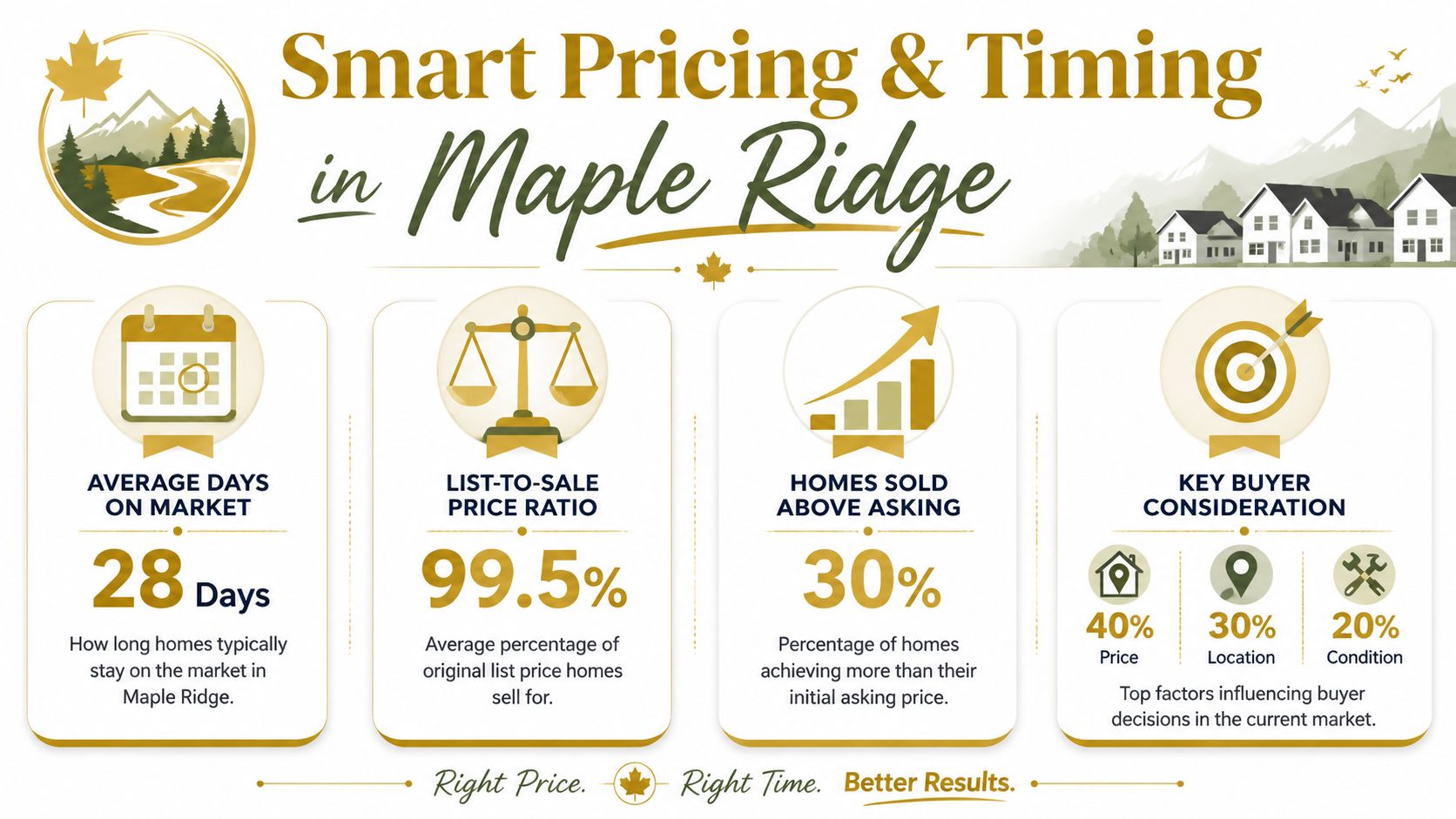 An infographic showing housing market statistics for Maple Ridge, including average days on market and pricing trends.