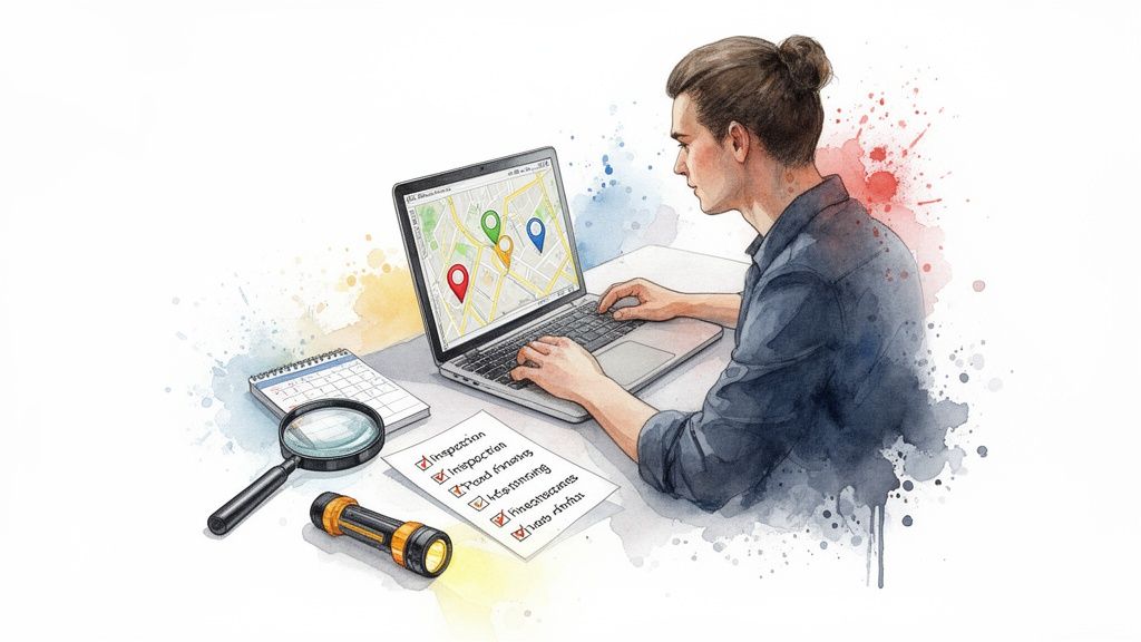 A watercolor illustration of a person researching real estate on a laptop with a map and checklist.