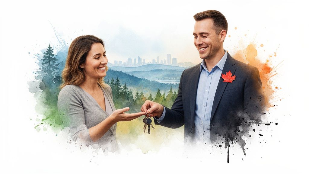 A smiling man, wearing a red maple leaf pin, hands a set of house keys to a happy woman.