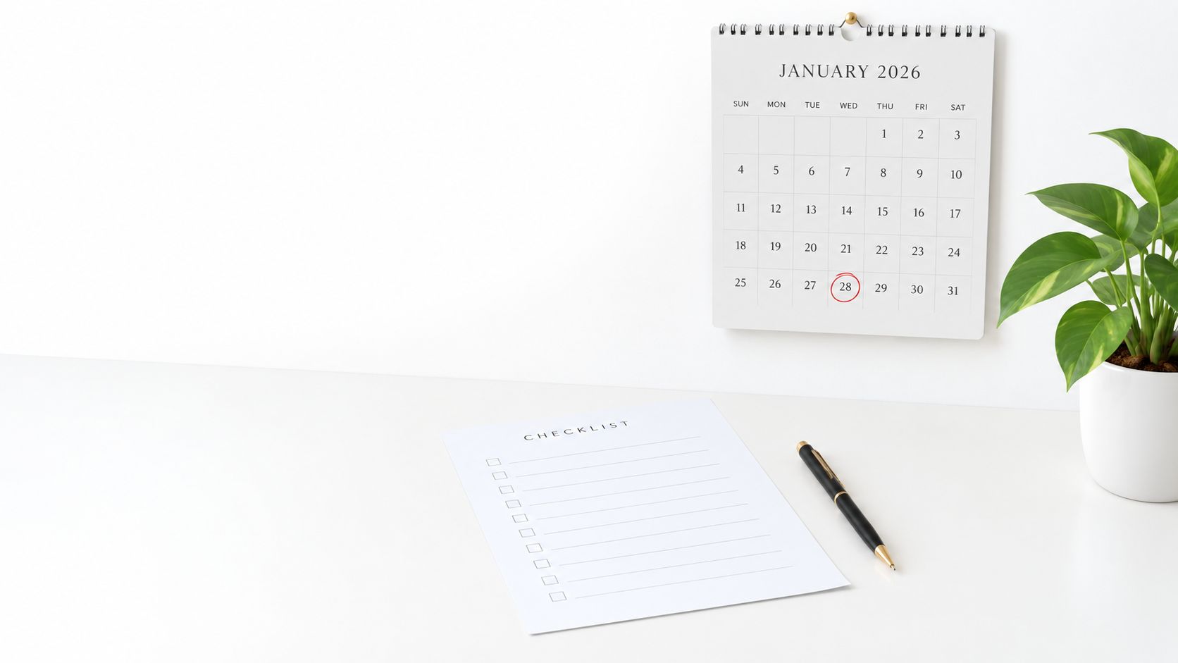 A clean office desk with a calendar showing January 2026, a checklist, and a small potted plant.
