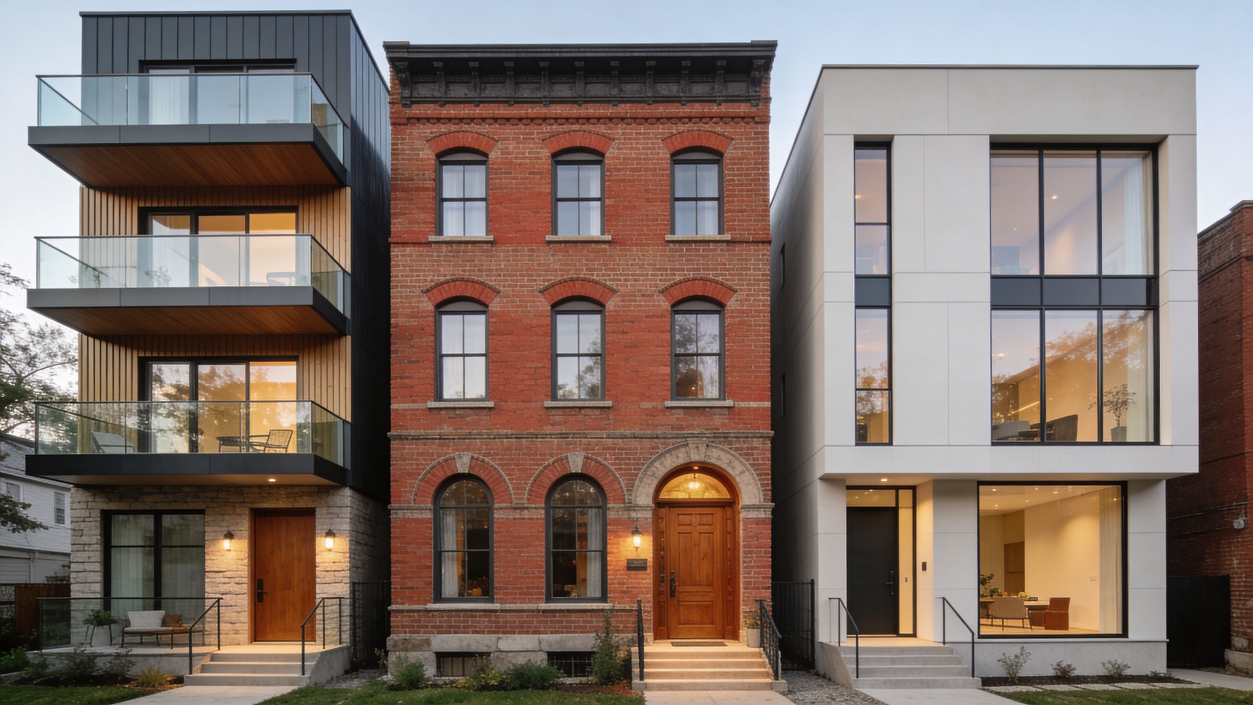 A modern townhouse complex featuring a mix of contemporary black, traditional red brick, and sleek white facades.