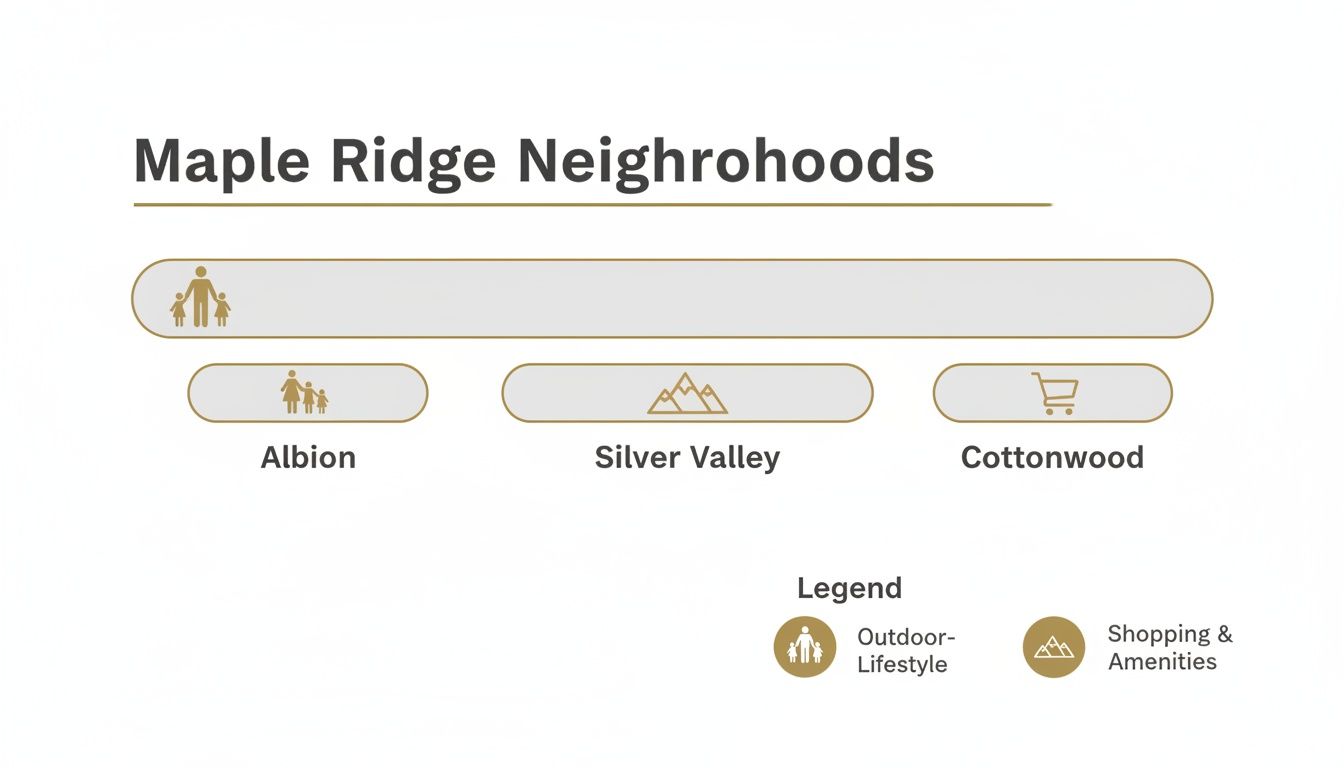 Infographic showing Maple Ridge neighborhoods: Albion, Silver Valley, and Cottonwood, with lifestyle icons.