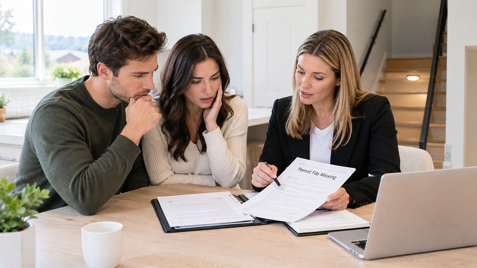 A professional real estate agent discusses permit paperwork with a couple sitting at a wooden table.