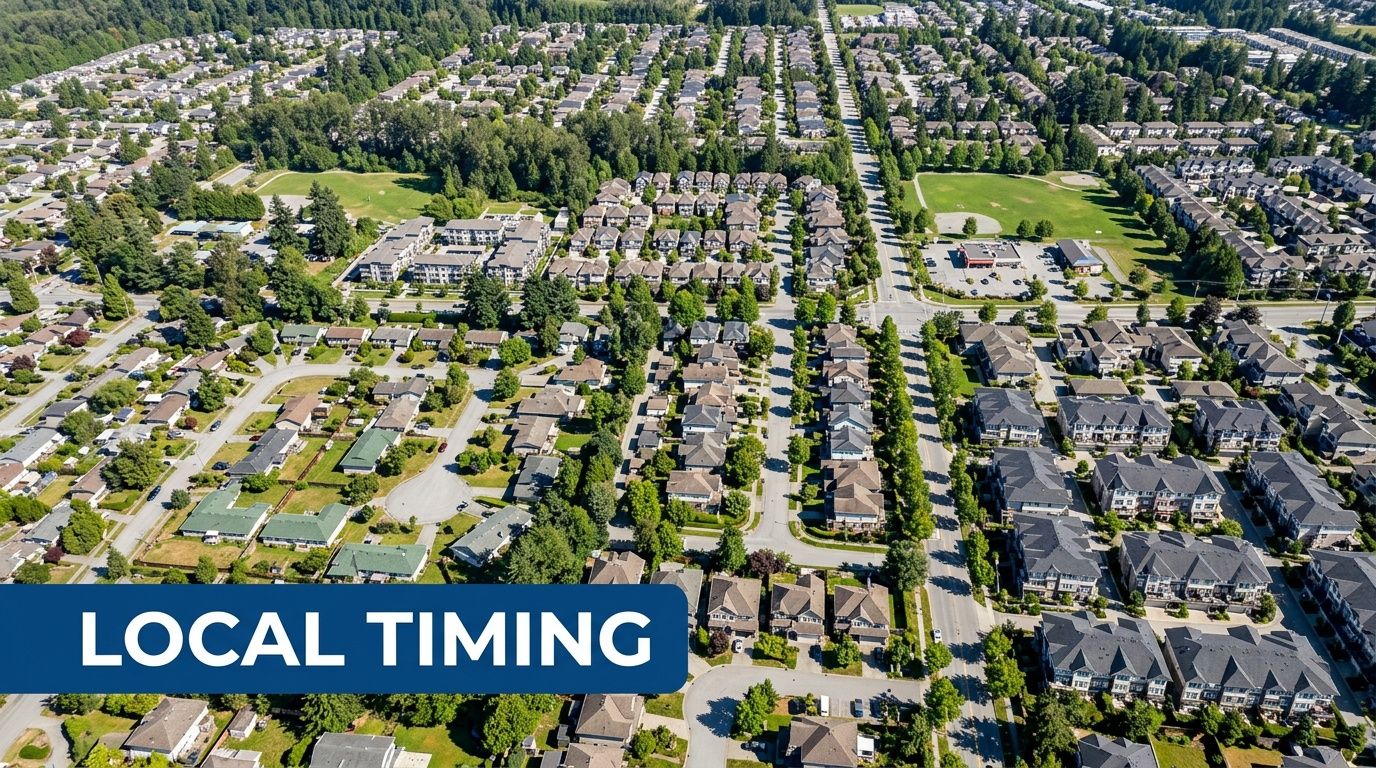 Aerial view of a residential neighborhood in Maple Ridge with houses and green spaces.