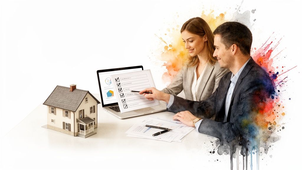 Two real estate agents review a checklist on a laptop next to a miniature house model.