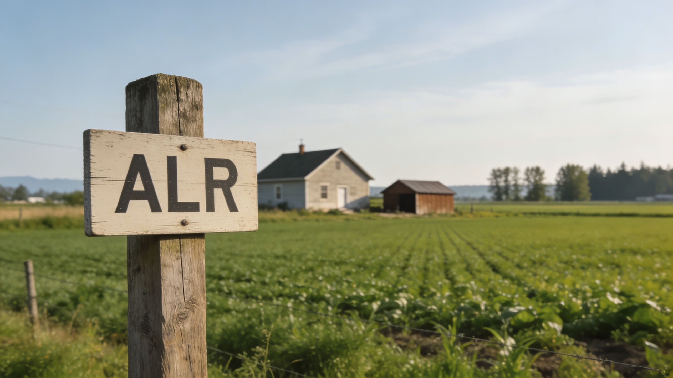 A wooden sign marked ALR stands in a grassy field in front of a rural farmhouse and barn.
