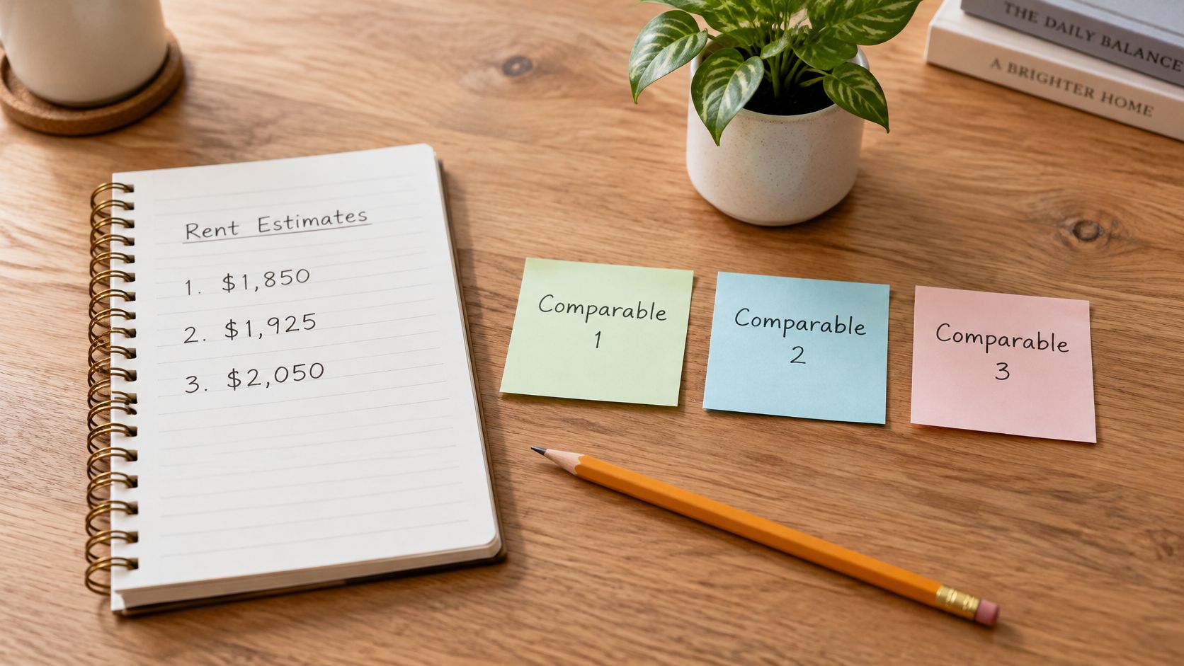 A spiral notebook displaying rent estimates on a wooden desk with sticky notes and a pencil.