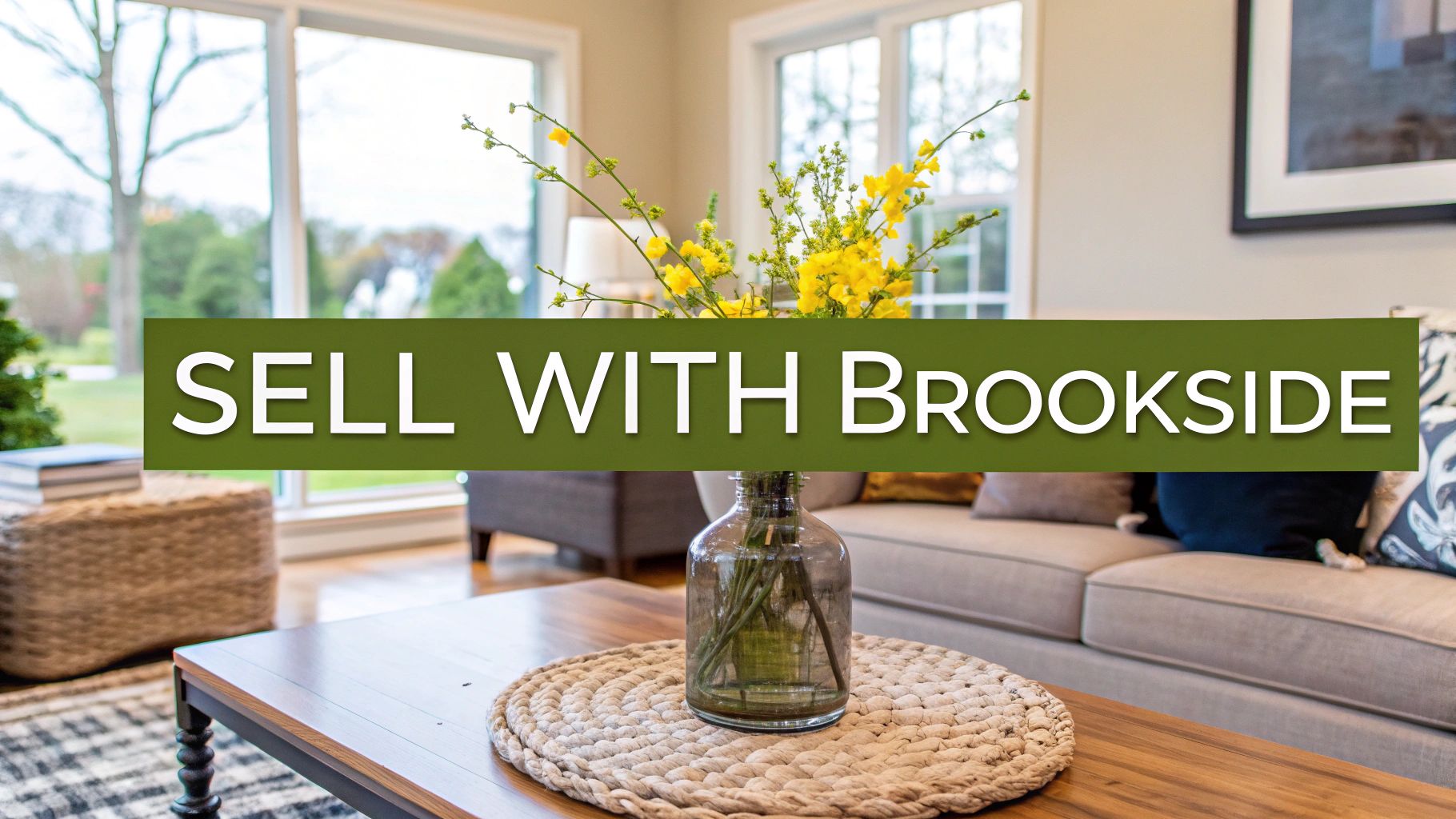 A warm living room with yellow flowers on a coffee table and a banner saying 'SELL WITH BROOKSIDE'.