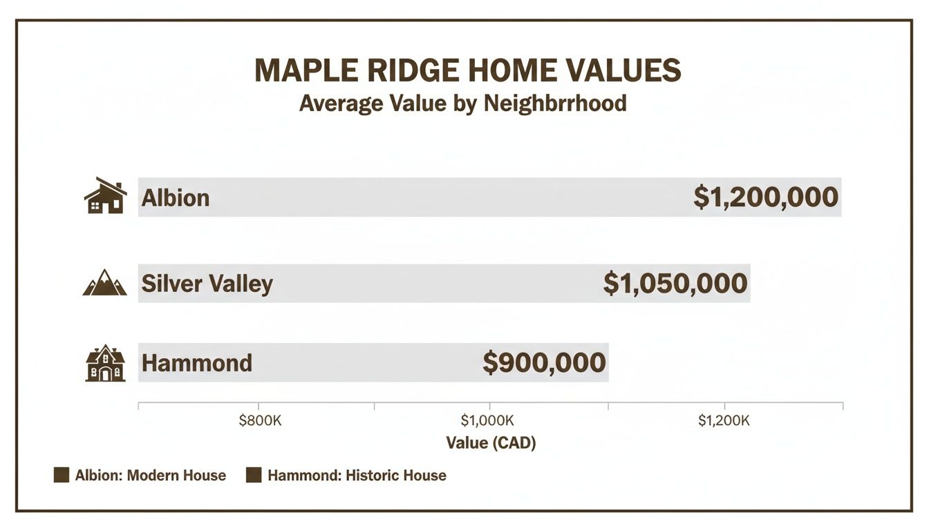 Maple Ridge average home values by neighborhood: Albion $1.2M, Silver Valley $1.05M, Hammond $900K.