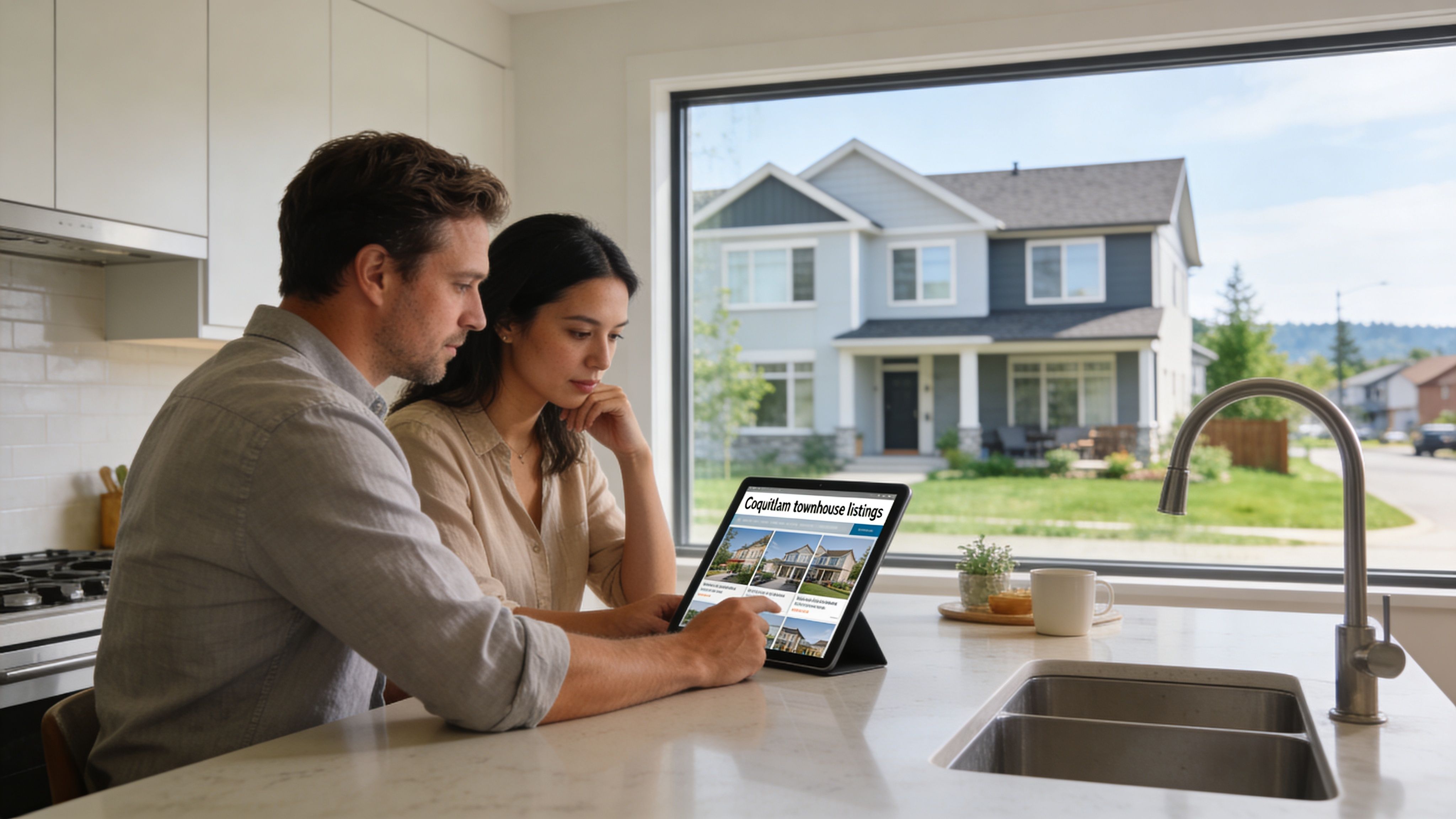 A couple looking at Coquitlam townhouse listings on a tablet while sitting in their bright modern kitchen.