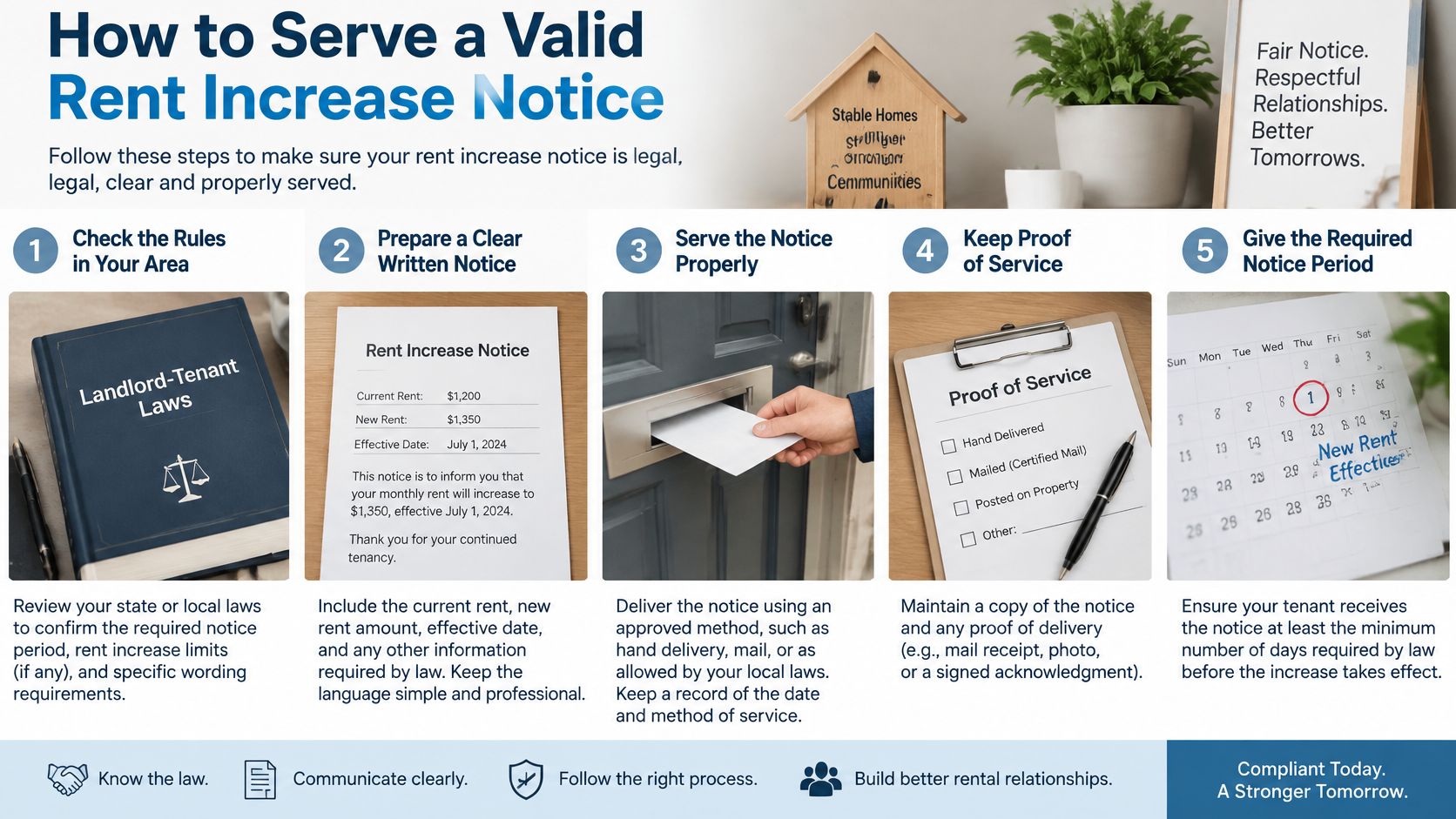 An infographic showing five steps for landlords to serve a valid rent increase notice to tenants.