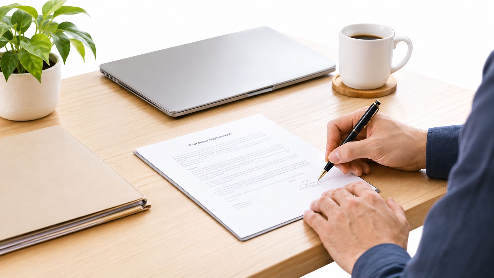A person signing a purchase agreement document on a wooden desk with a laptop and coffee.