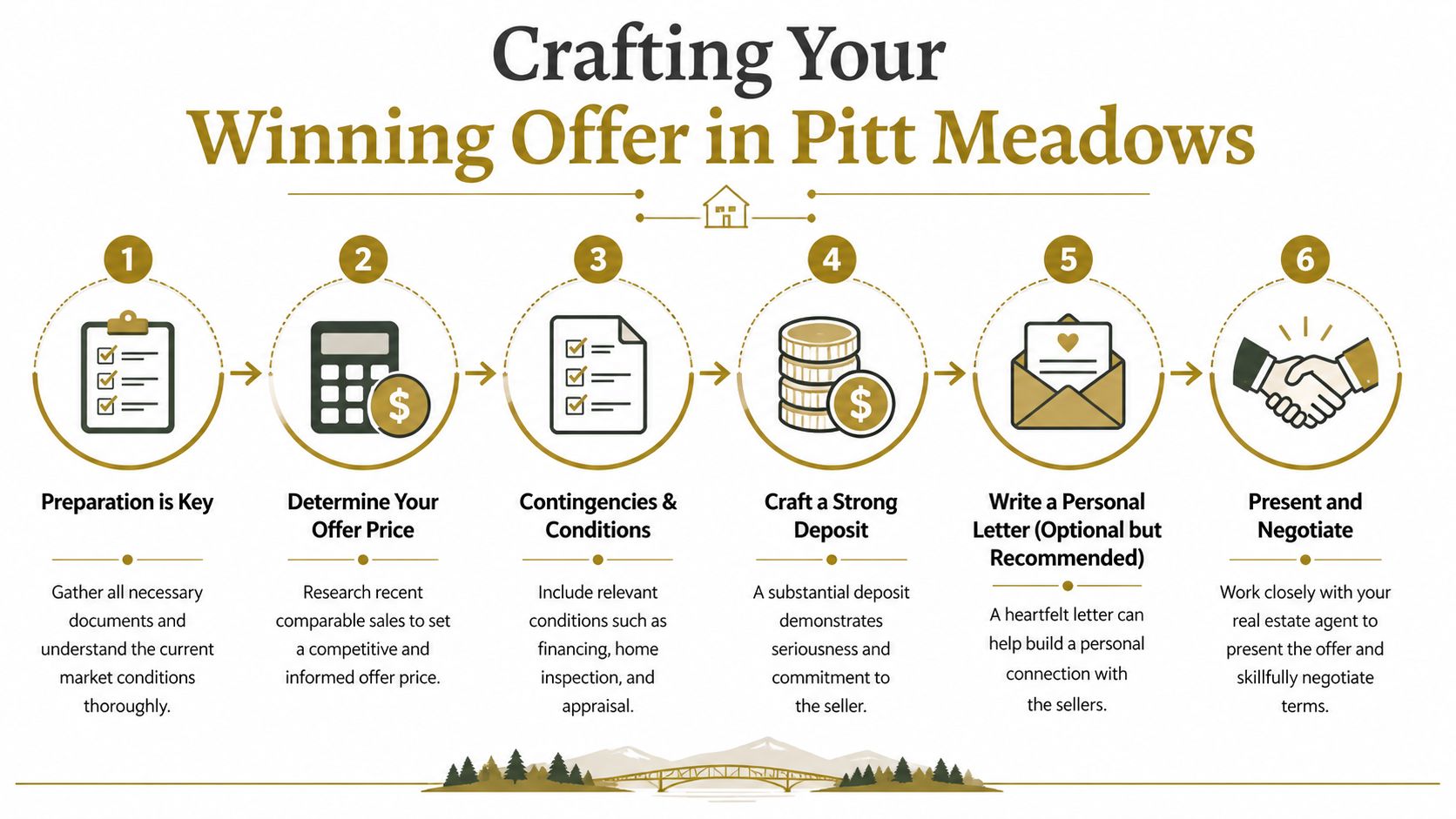 A six-step infographic illustrating the process of creating a successful real estate offer in Pitt Meadows.