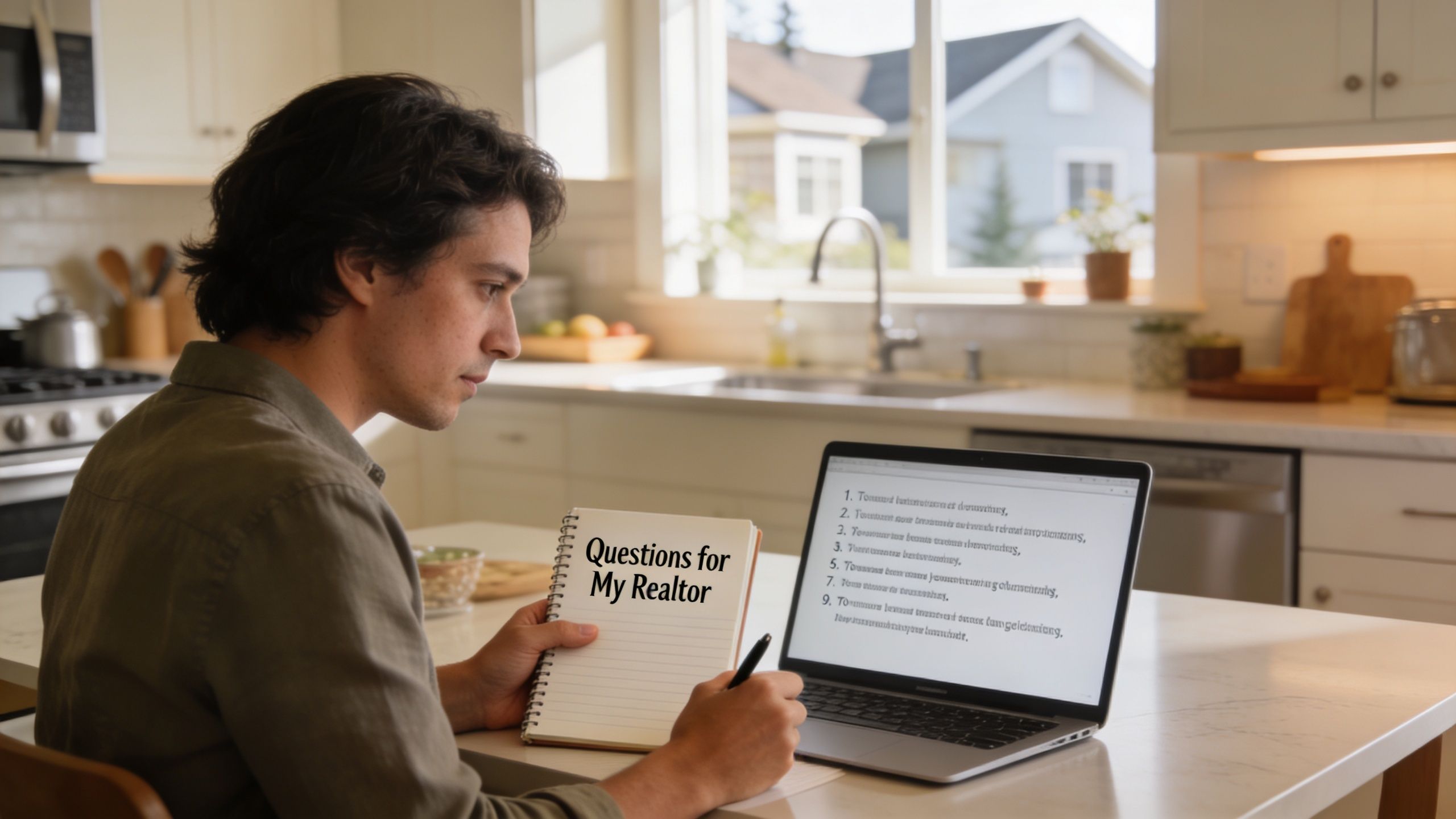 A focused man sitting at a kitchen island writing a list of questions for his realtor.