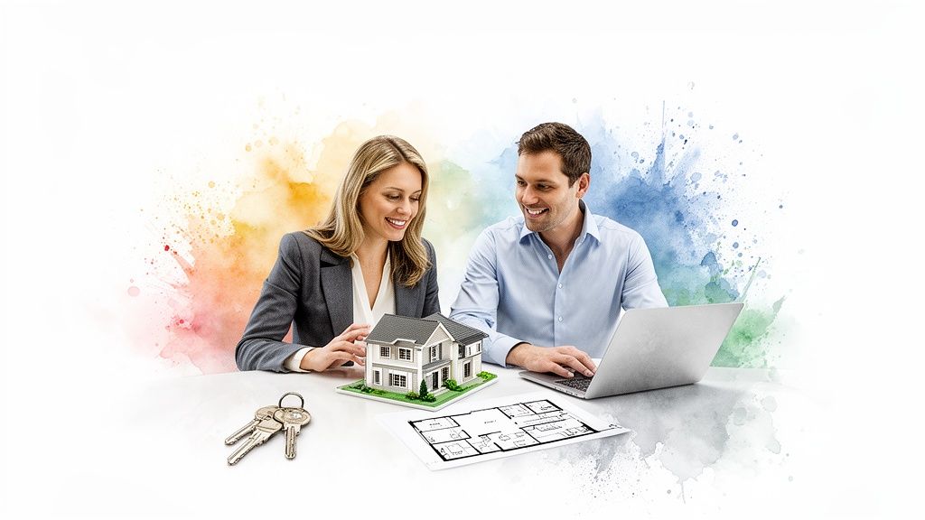 Smiling man and woman discussing home plans with a model house, keys, and blueprint.