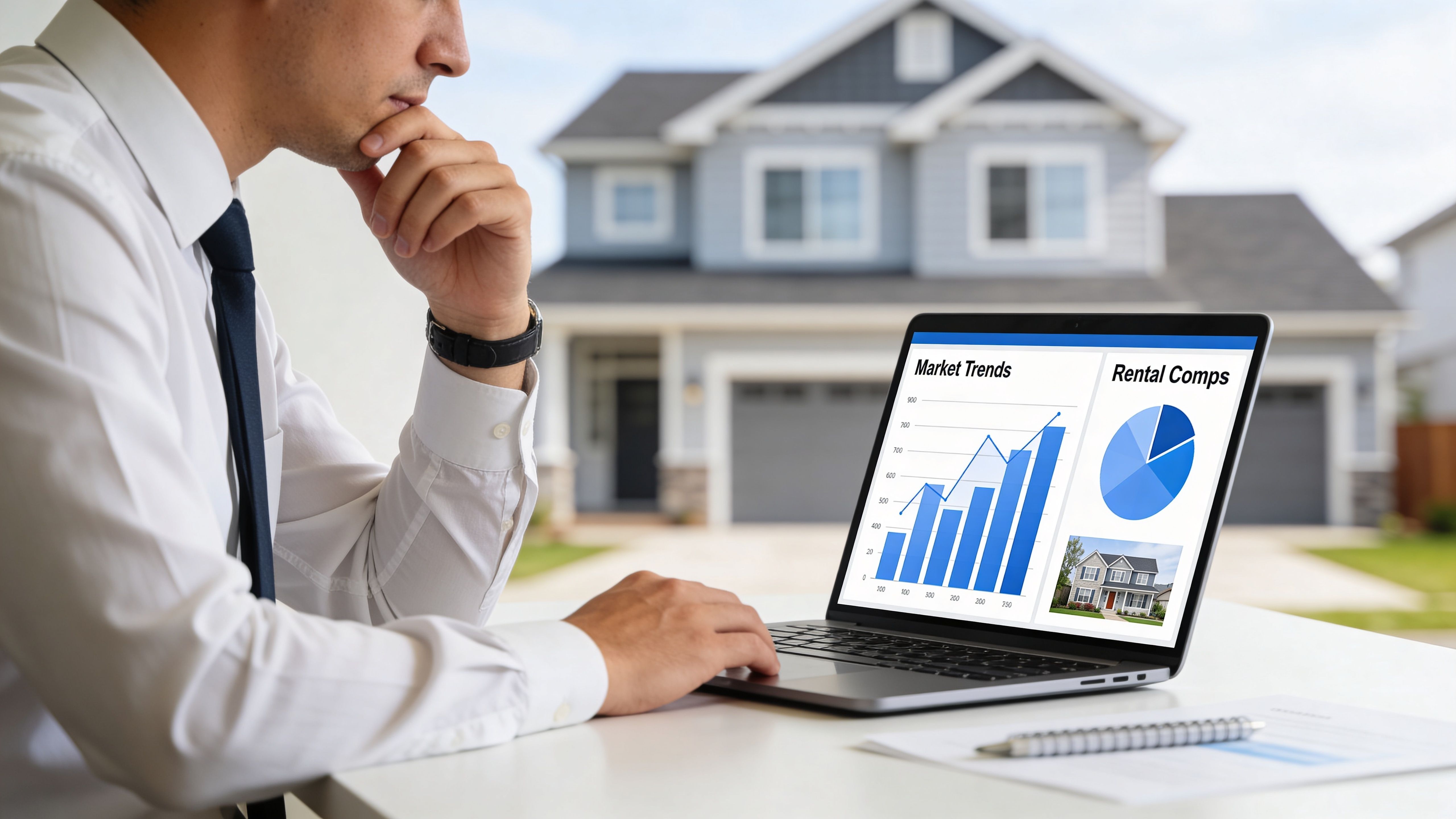 A real estate professional analyzing property market trends and rental comparisons on a laptop screen.