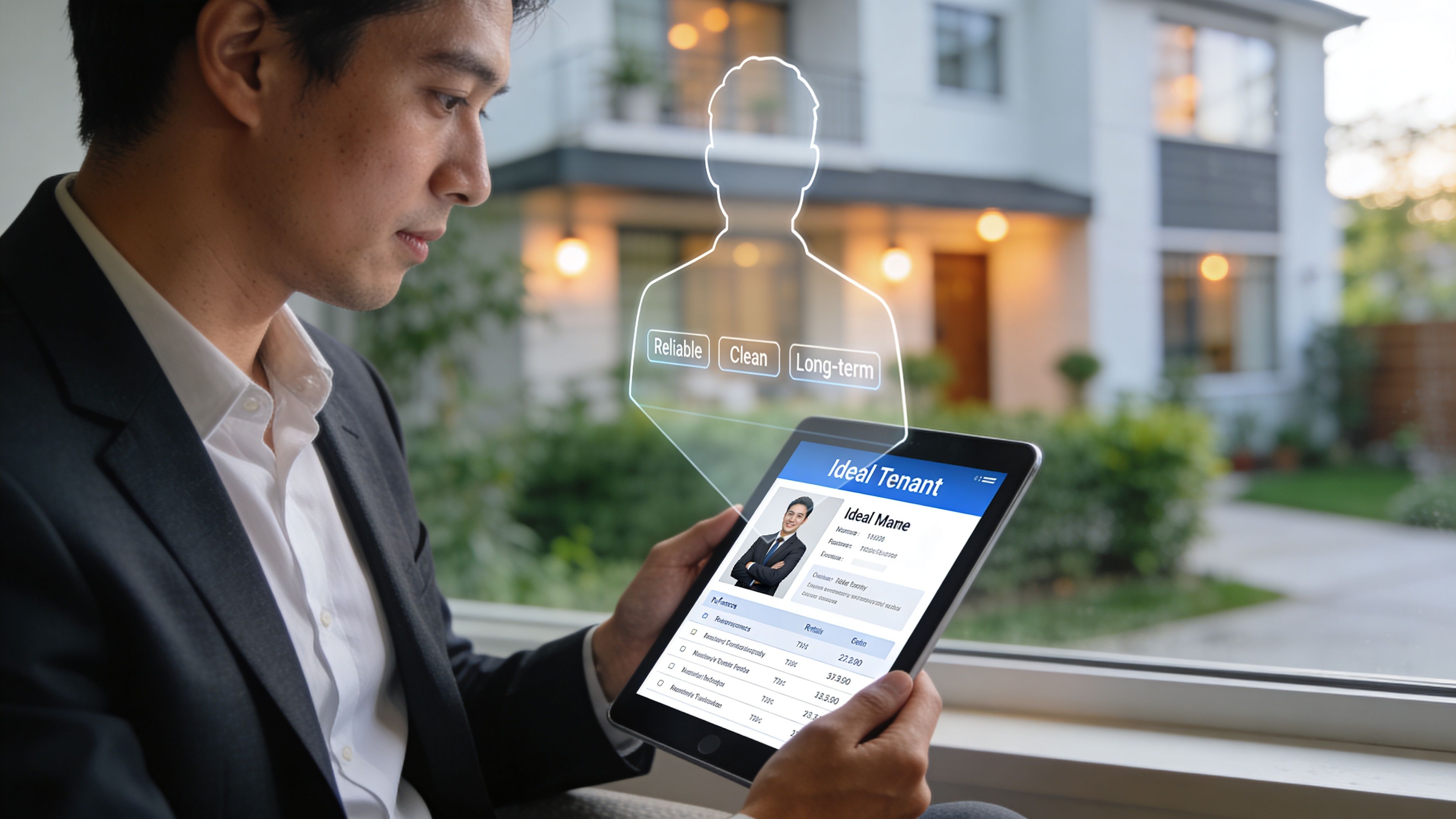 A professional man using a tablet to review tenant profiles with digital overlays on a property management app.