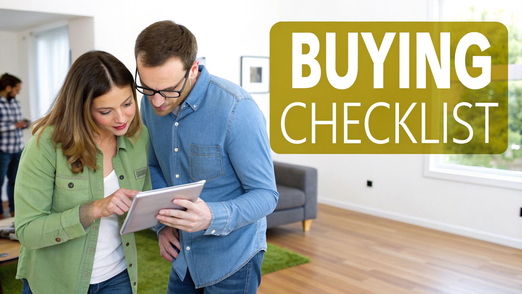 Couple reviewing digital tablet with buying checklist during home purchase process