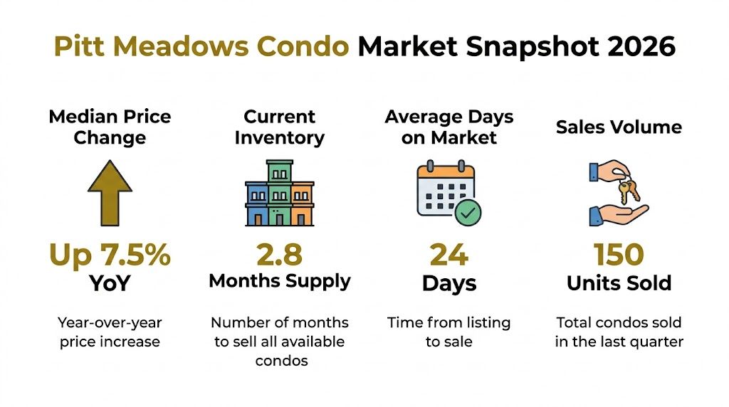An infographic showing the 2026 Pitt Meadows condo market snapshot with key real estate statistics and trends.