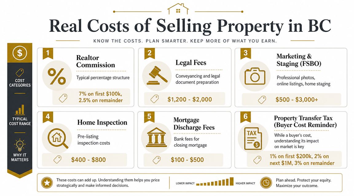 An infographic detailing the six primary costs associated with selling residential property in British Columbia.