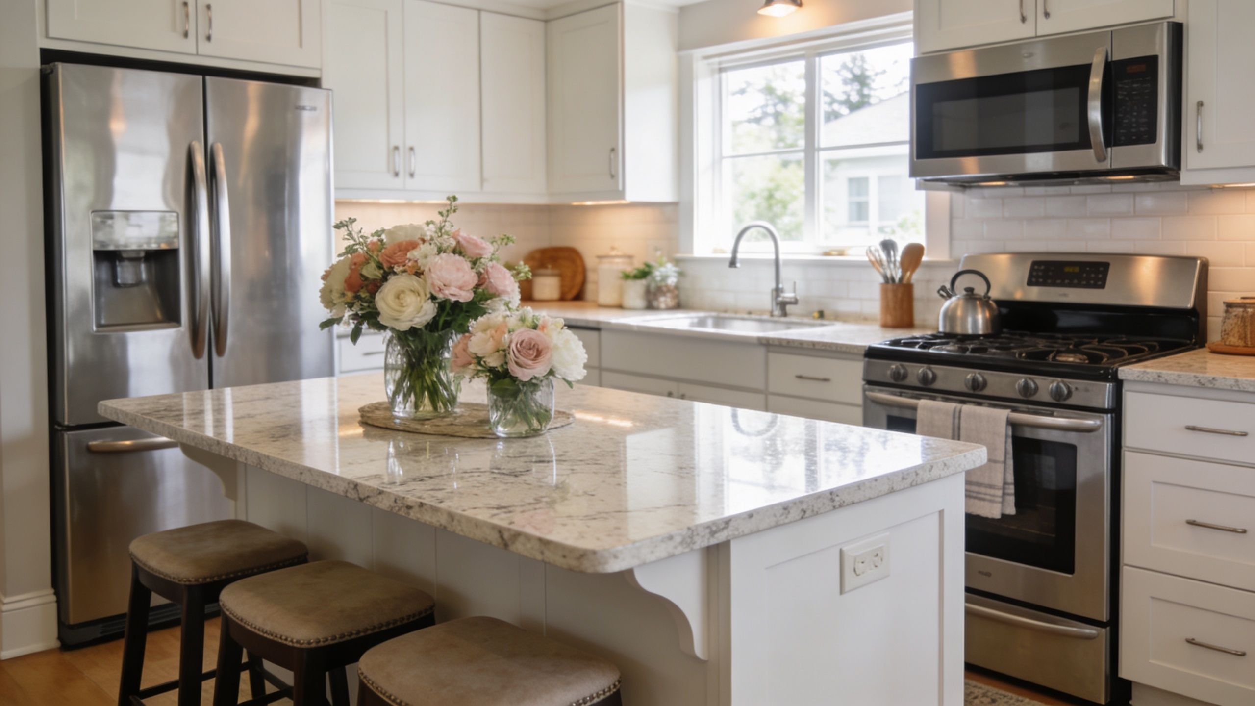 A modern, bright kitchen featuring a stone-topped island with flowers and stools, overlooking stainless steel appliances.