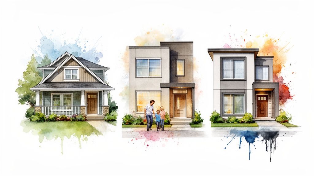 Watercolor illustrations of three distinct houses: a traditional home, a modern house with a family, and another modern home.