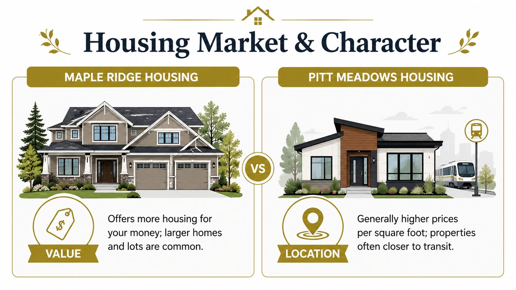 A comparison infographic showing Maple Ridge housing offers more value while Pitt Meadows focuses on location near transit.